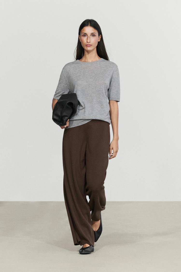 Wide-leg cotton-cashmere pants total look — BROWN