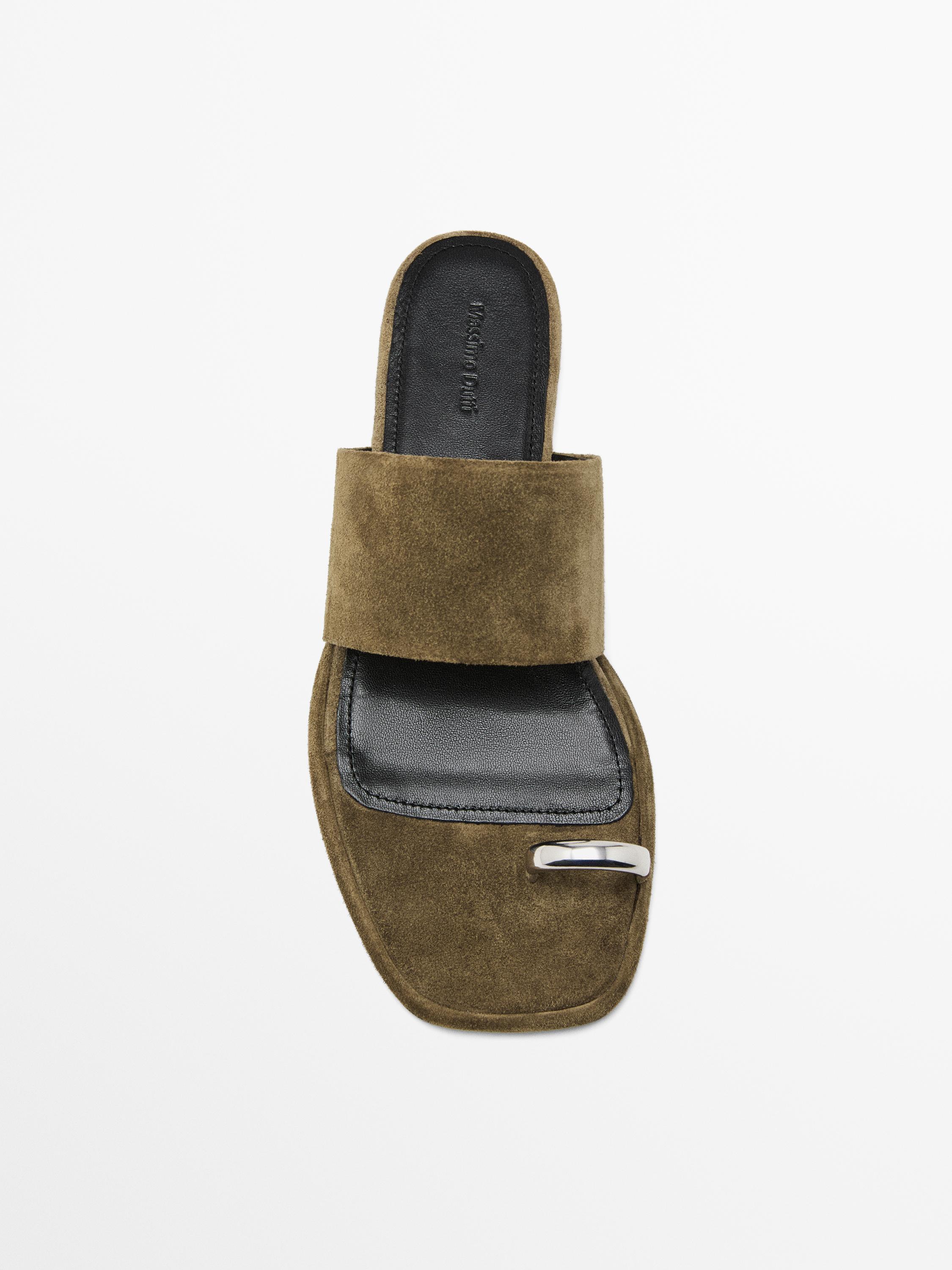 Split suede flat slider sandals with ring detail