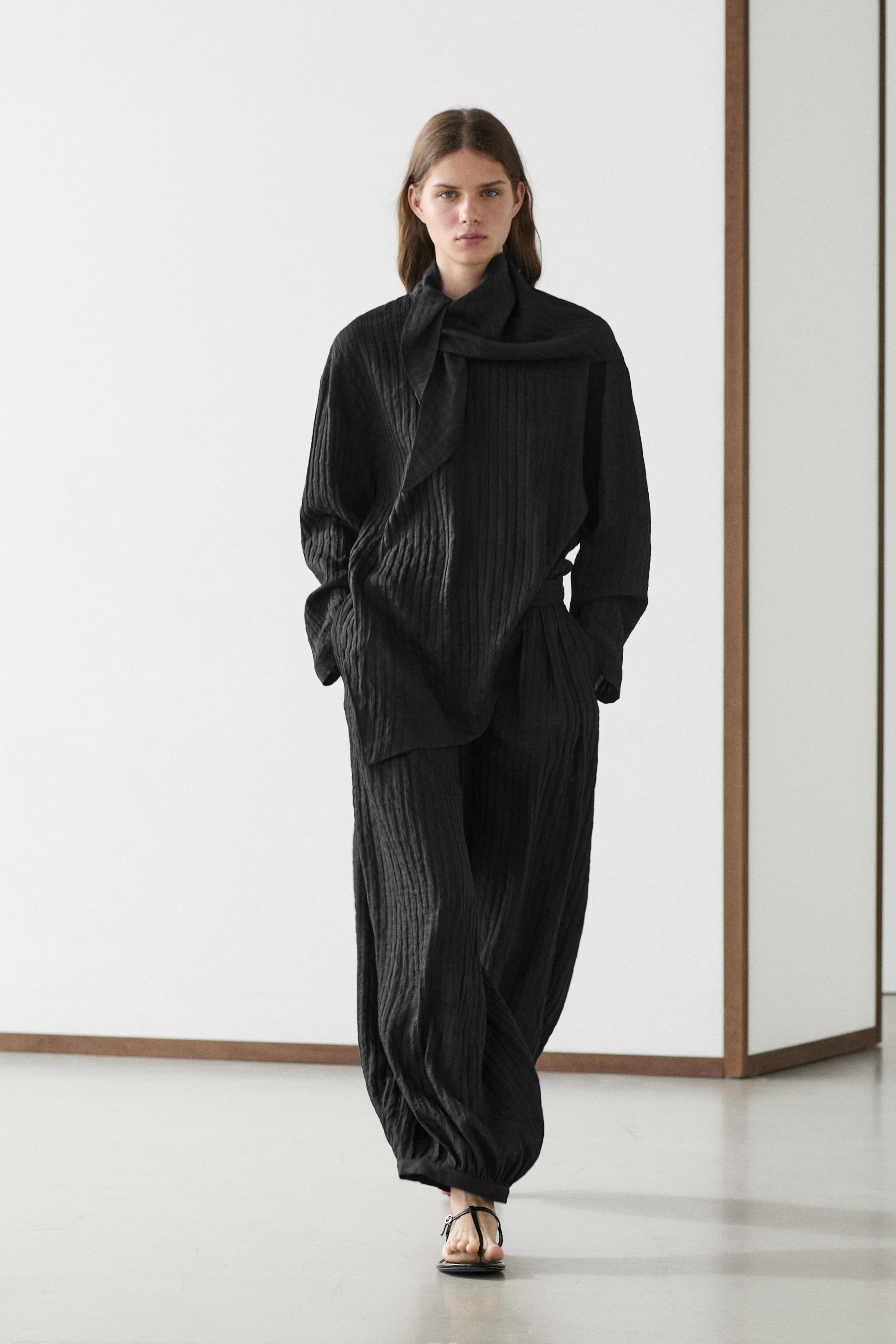 Flowing linen-blend drop crotch pants — BLACK