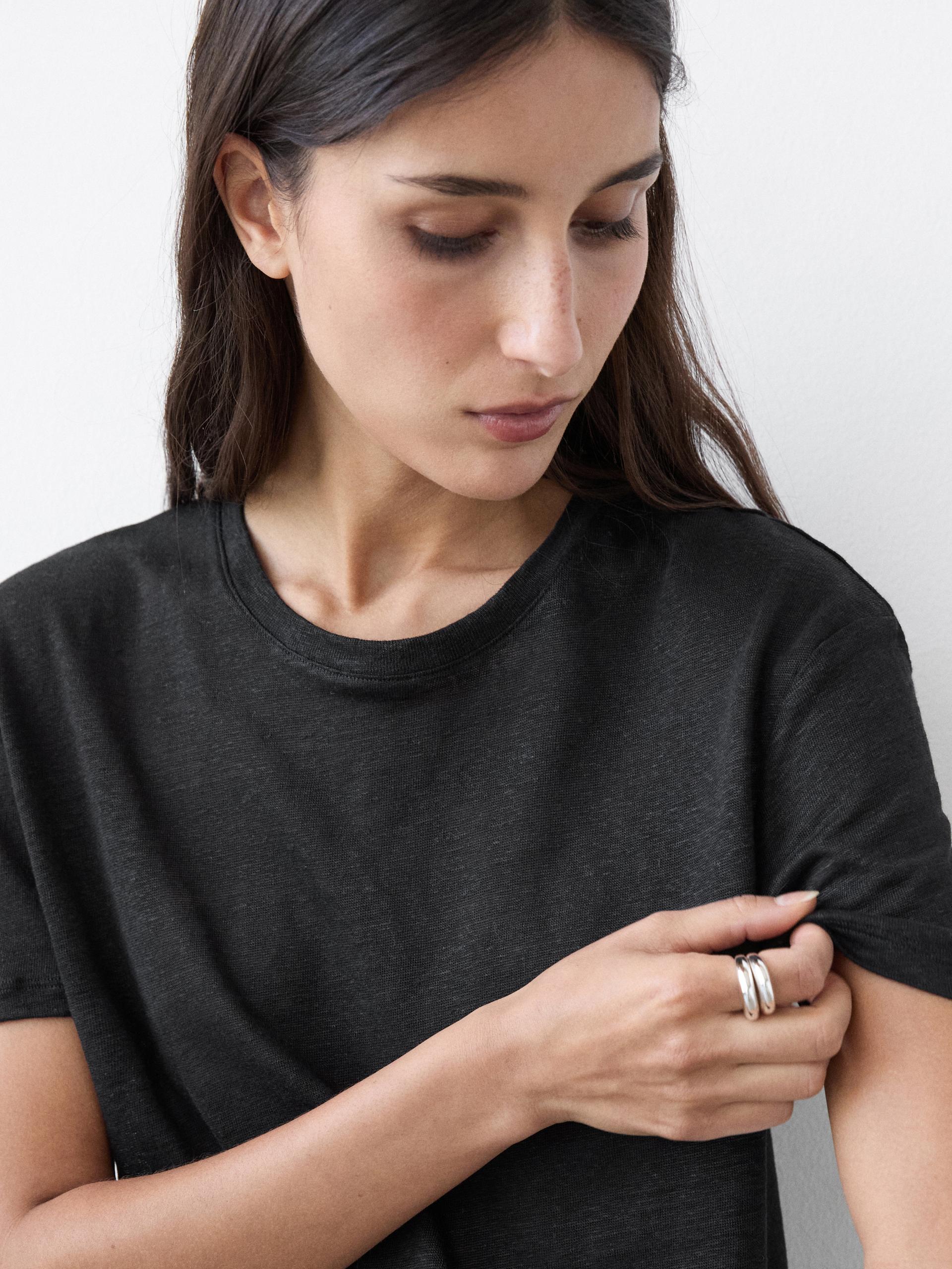 T-Shirt A Maniche Corte In Lino - Nero - Xs - Massimo Dutti - Femminile