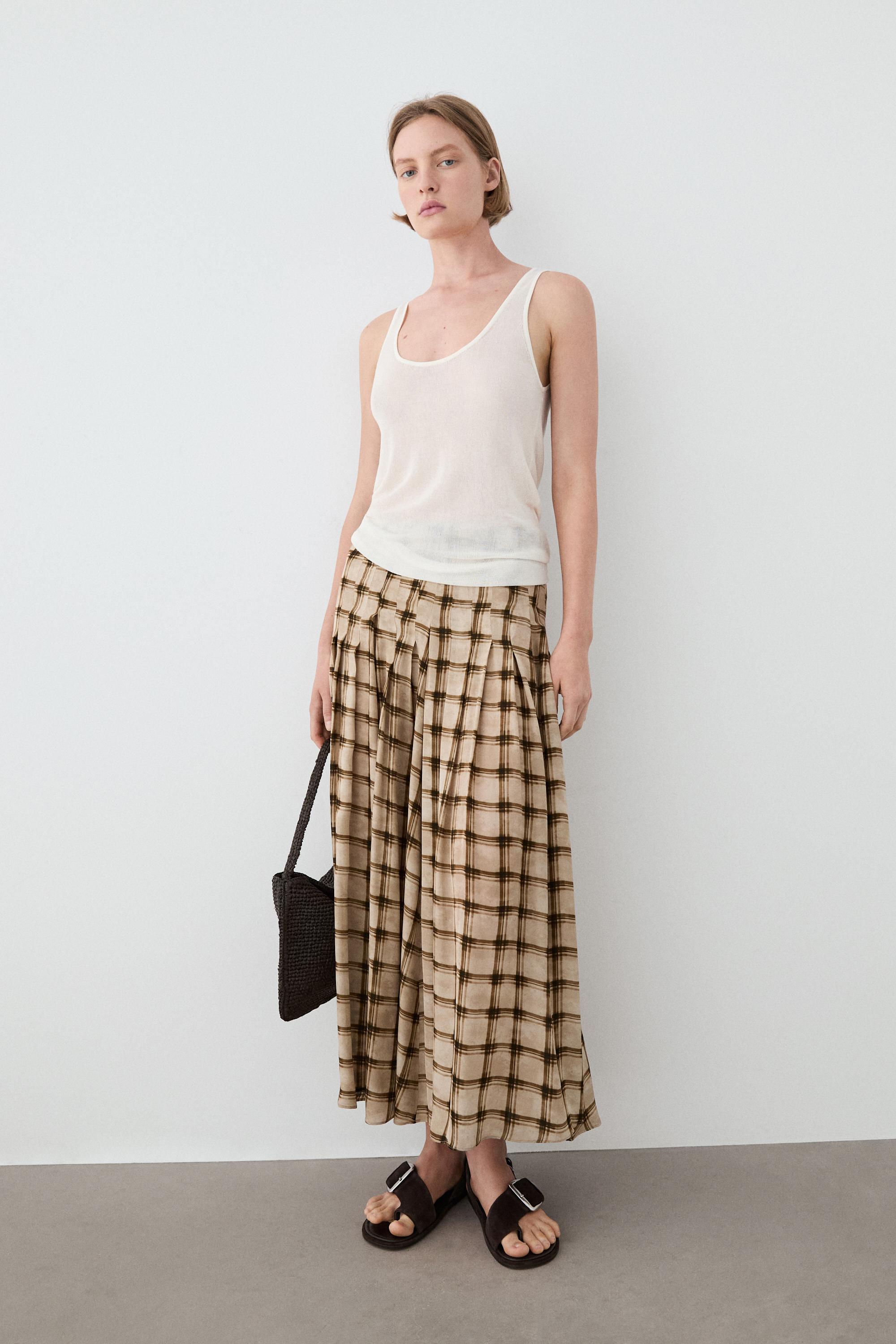 Flowing check midi skirt co-ord — PALE MINK