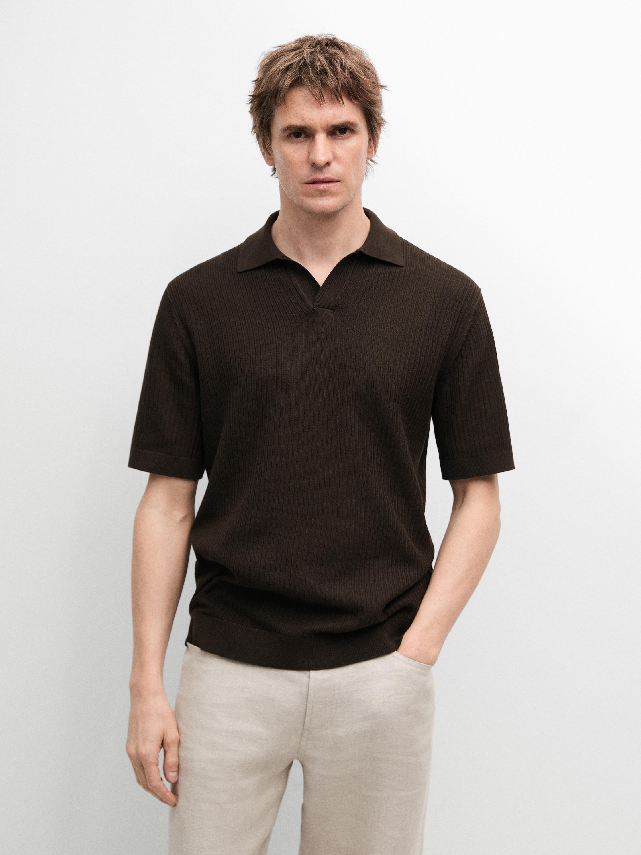 Regular fit cotton knit polo shirt — BROWN MARL