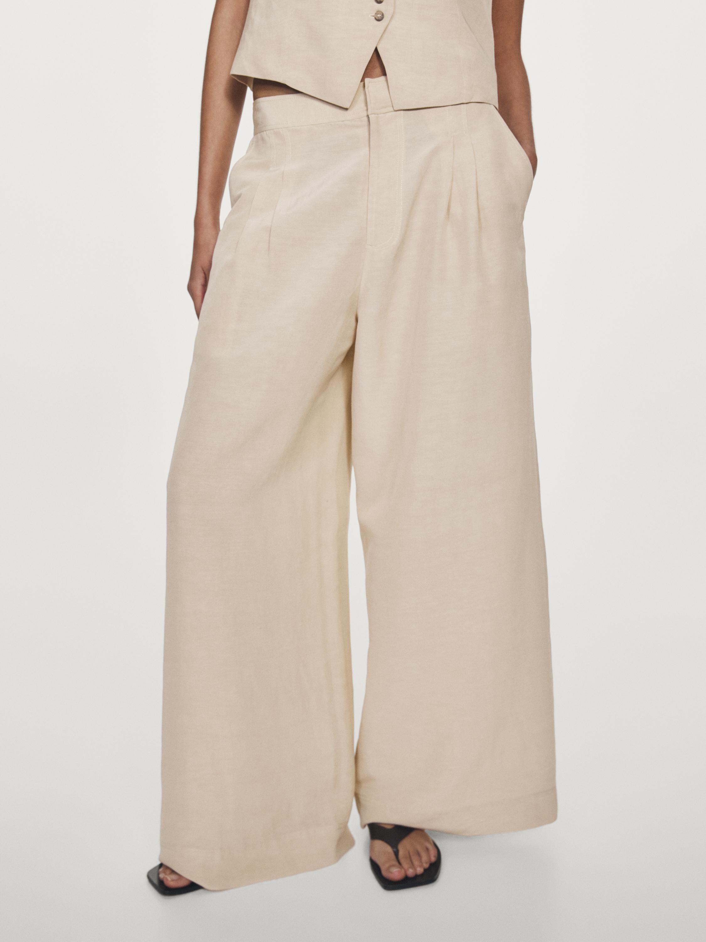 Linen blend darted wide-leg trousers