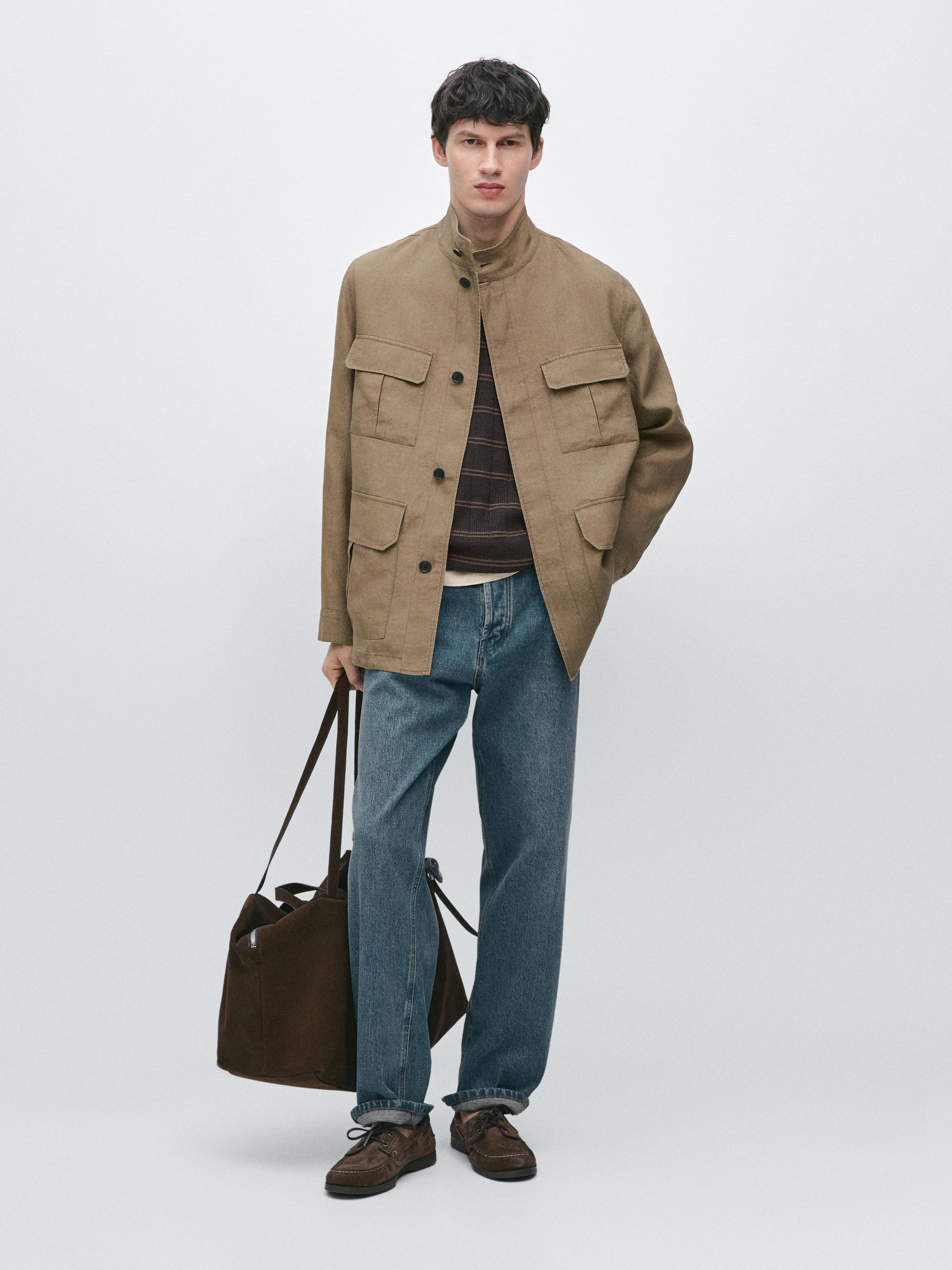 100% Linen Safari Jacket - Marrone Tostato - M - Massimo Dutti - Maschile