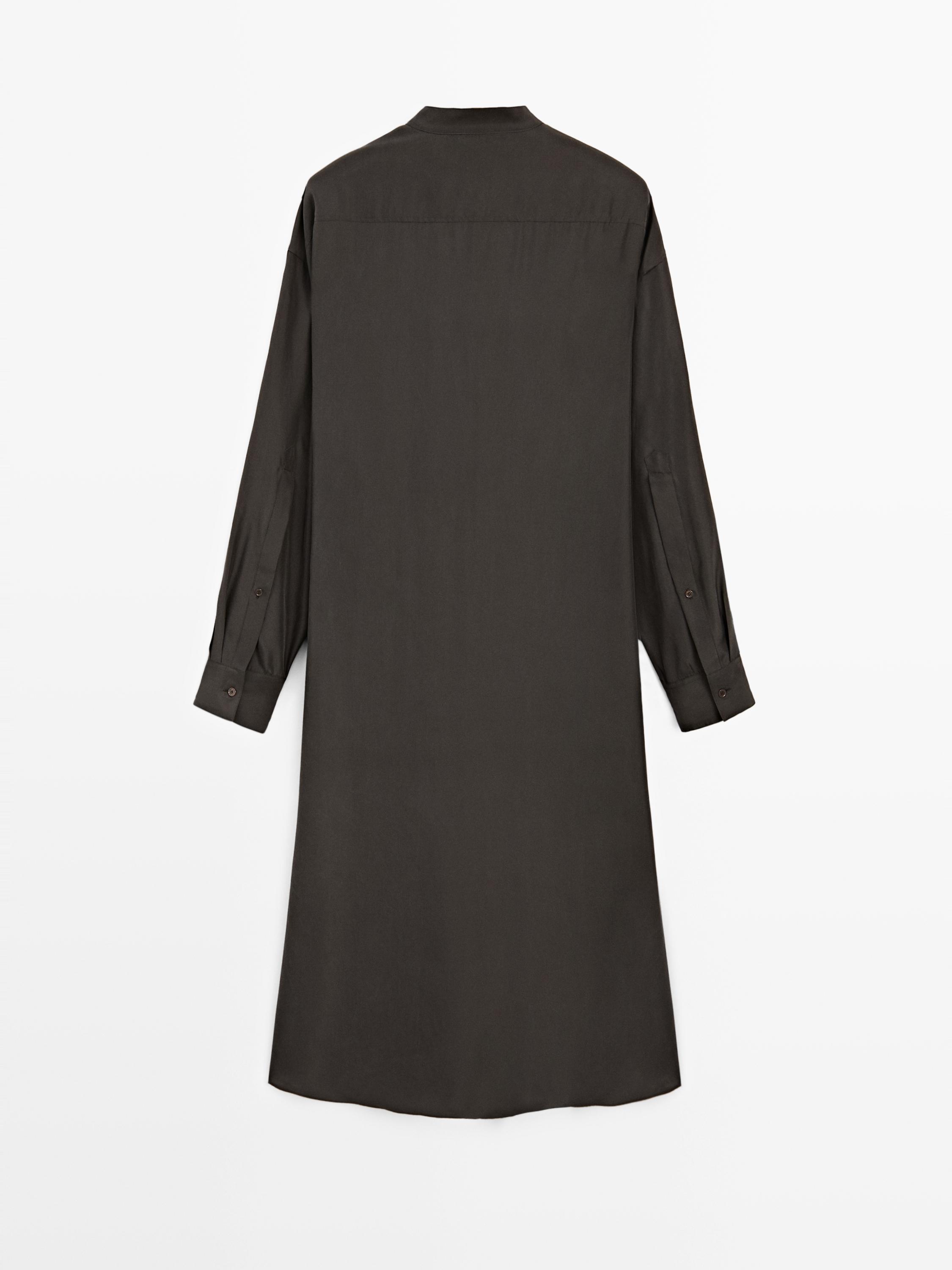 100% silk midi dress with fastening detail - STUDIO — DARK KHAKI