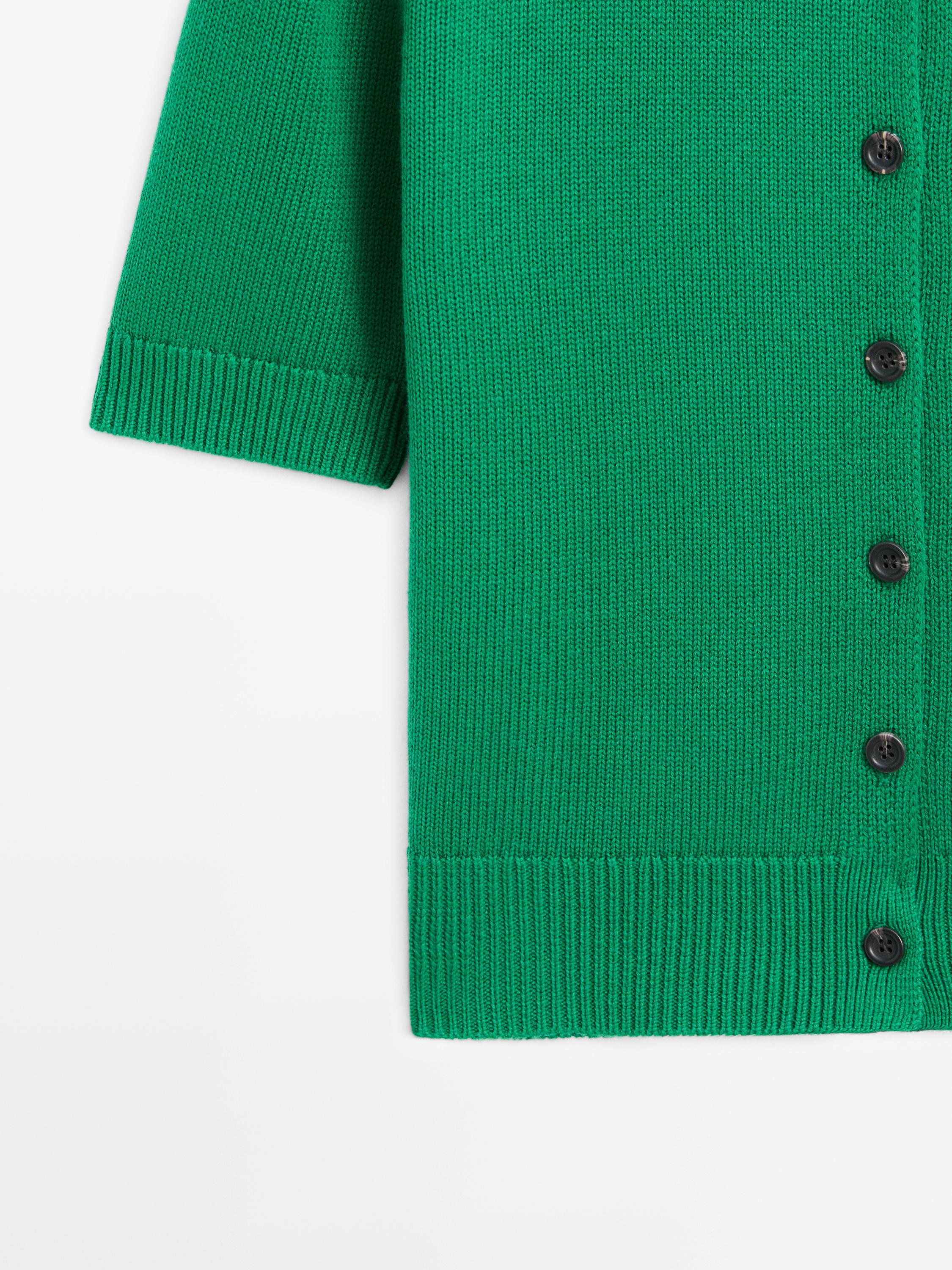 Cotton blend short sleeve knit cardigan — GREEN