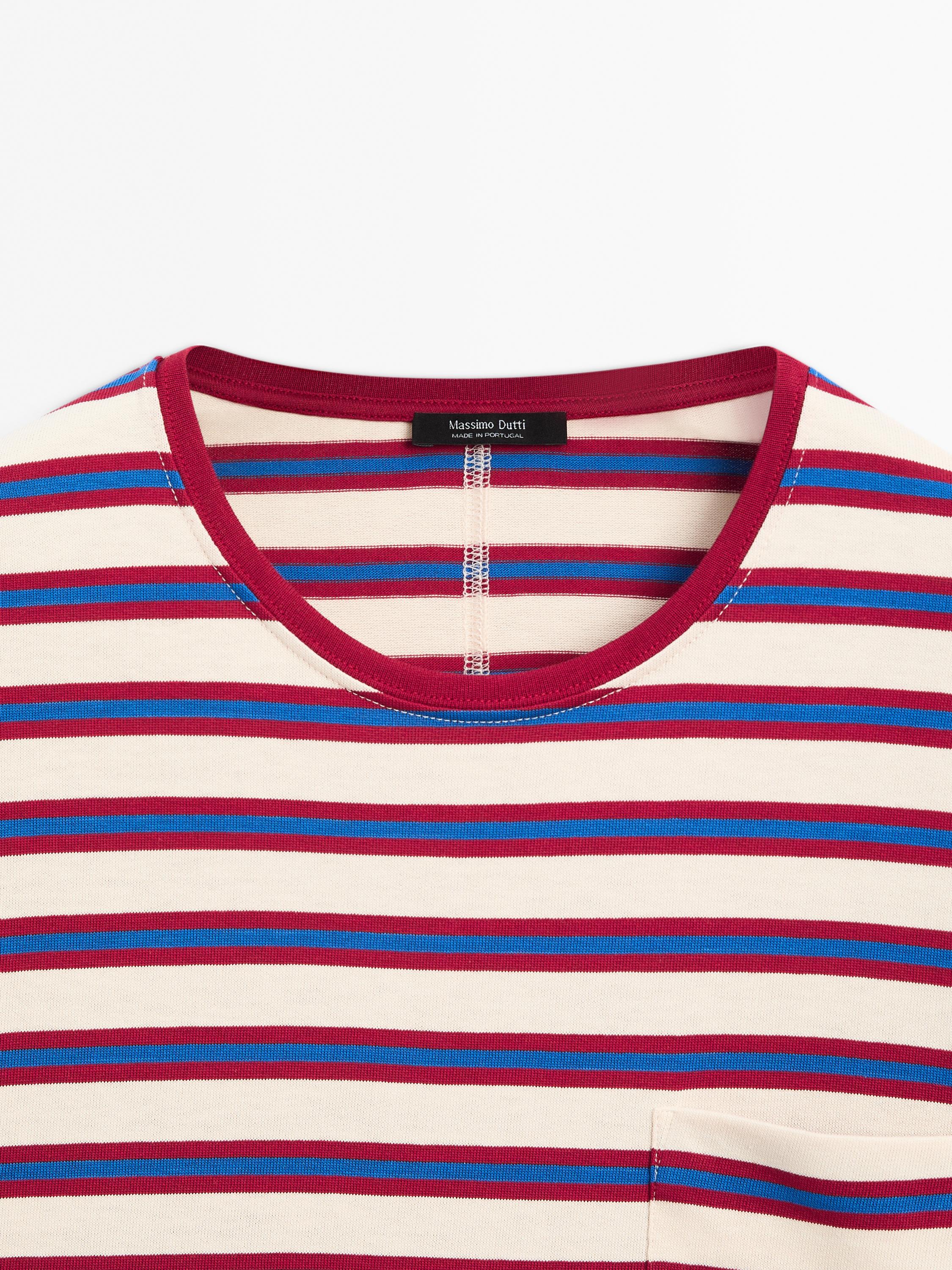 Multi-striped cotton T-shirt with pocket