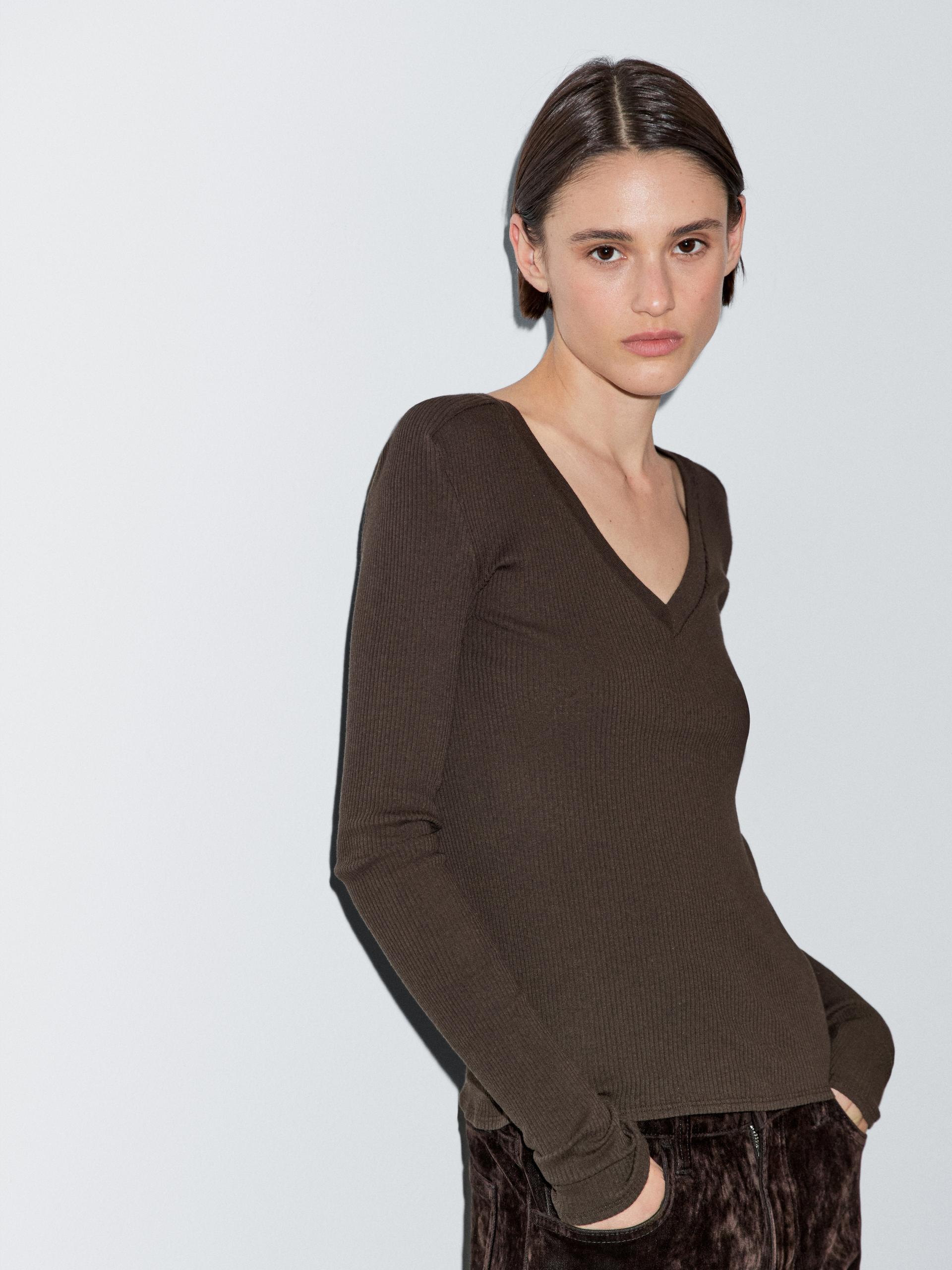 Camiseta Canalé Cuello Pico Manga Larga - Marrón - Xl - Massimo Dutti - Mujer
