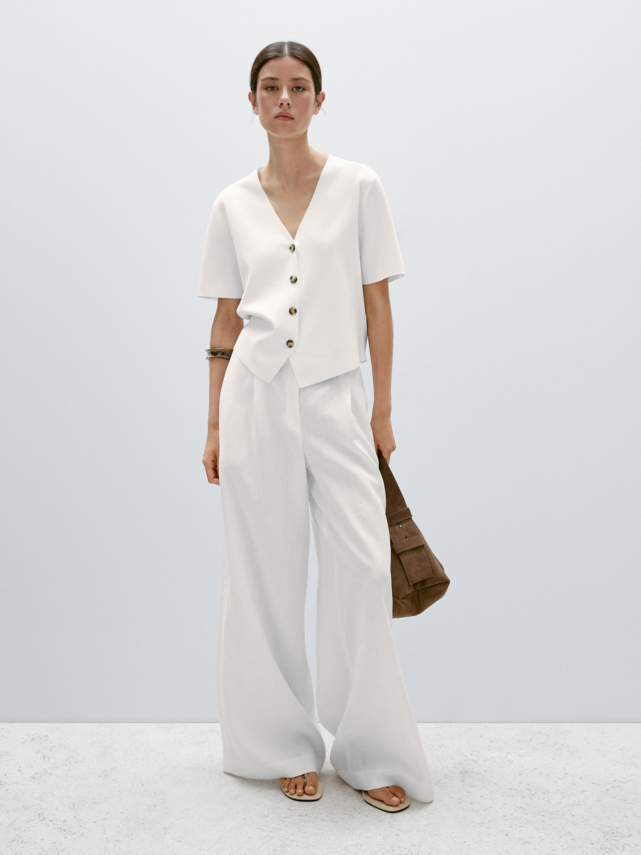 Flowing knit short sleeve cardigan · White · Tops And Other Garments Massimo Dutti