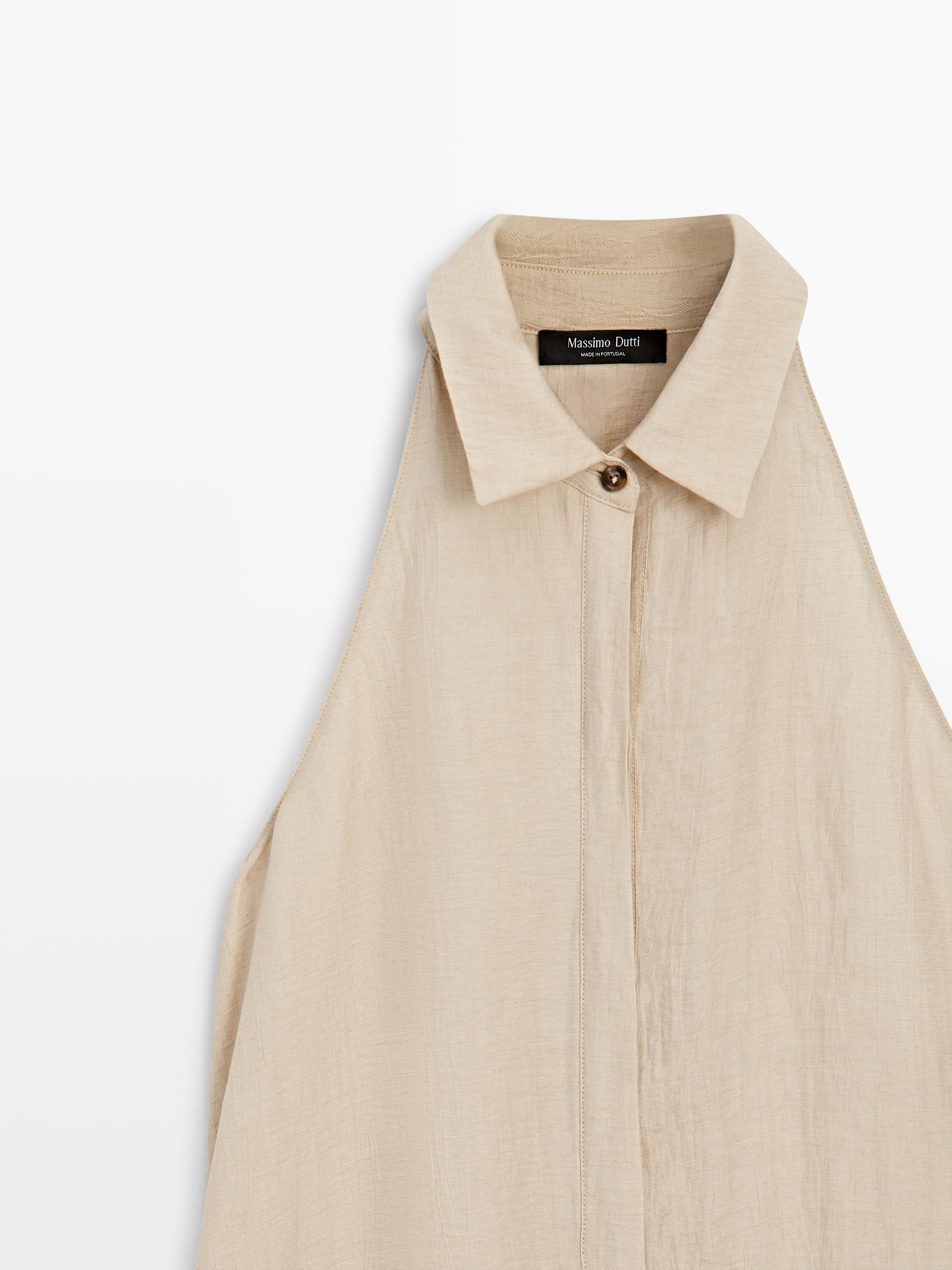 Linen blend polo collar midi dress — CREAM