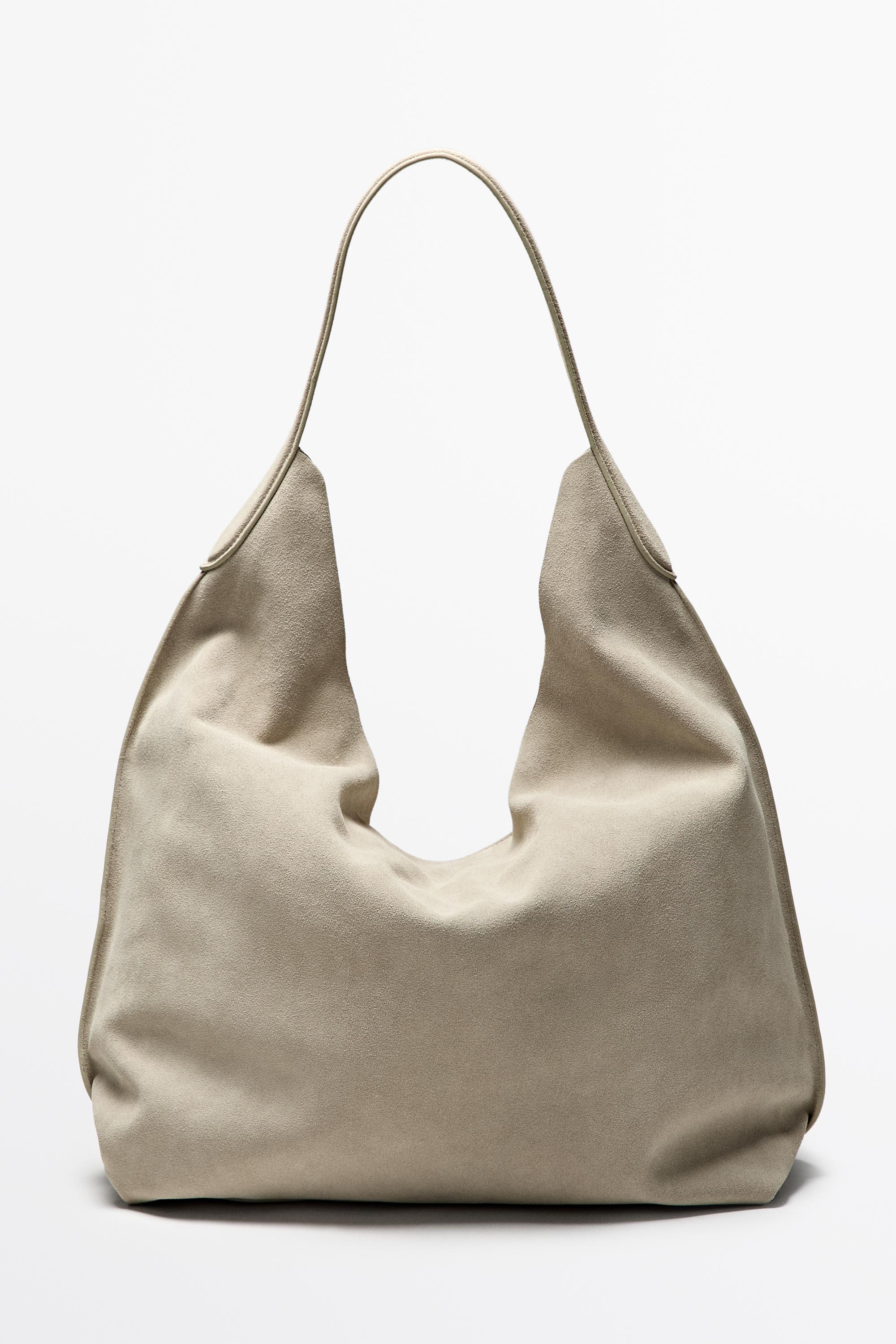 Maxi split suede leather shoulder bag — Ecru