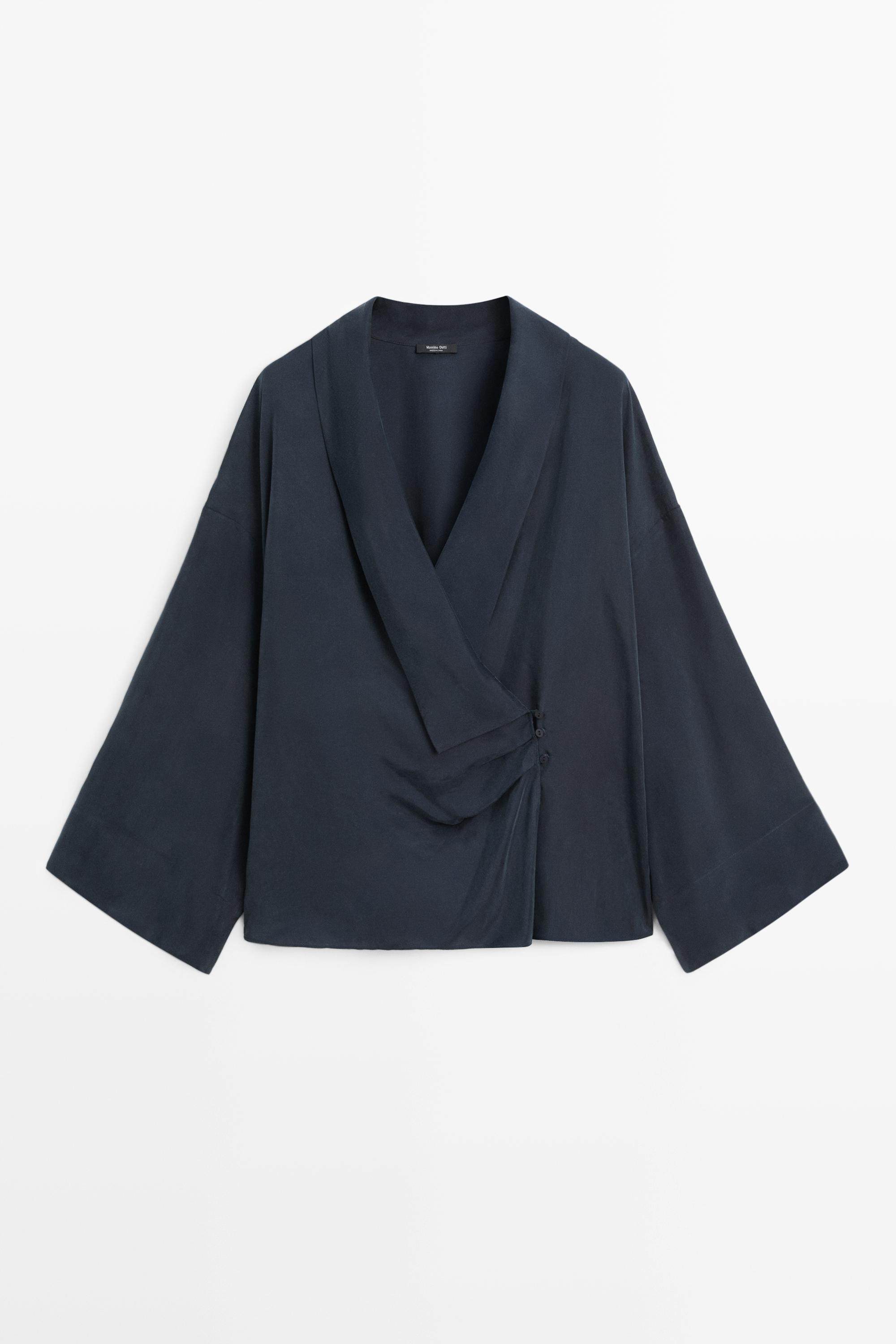 Flowing gathered wrap blouse — NAVY BLUE