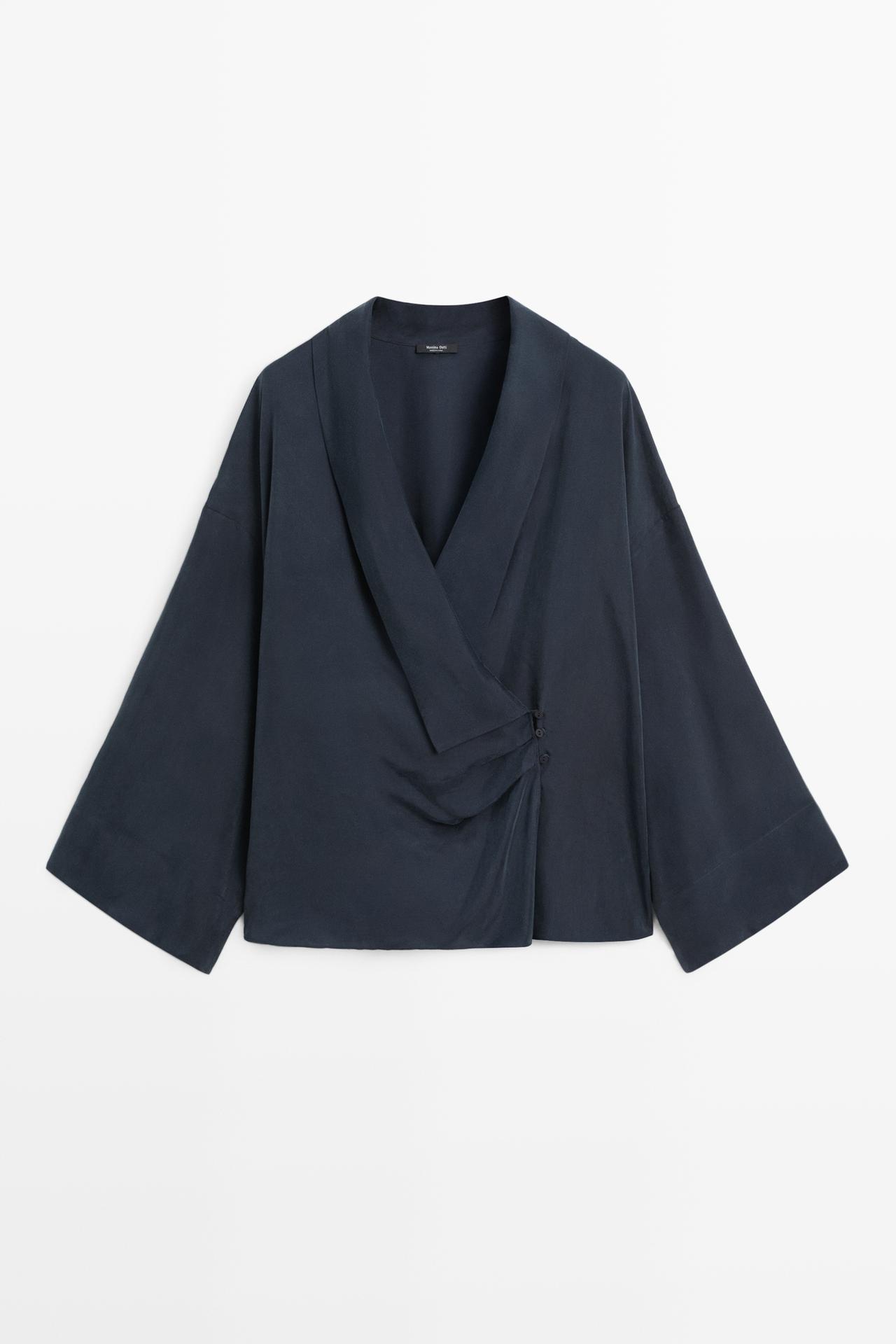 Flowing gathered wrap blouse — NAVY BLUE