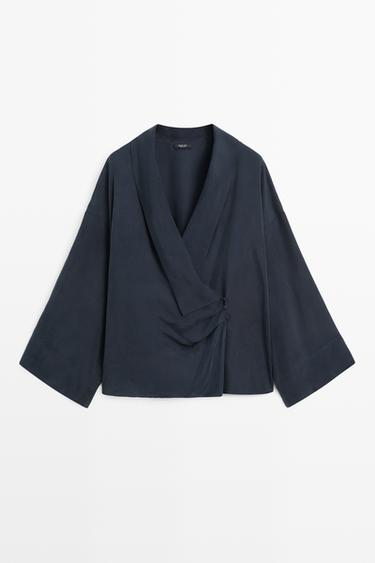 Flowing gathered wrap blouse — NAVY BLUE 2