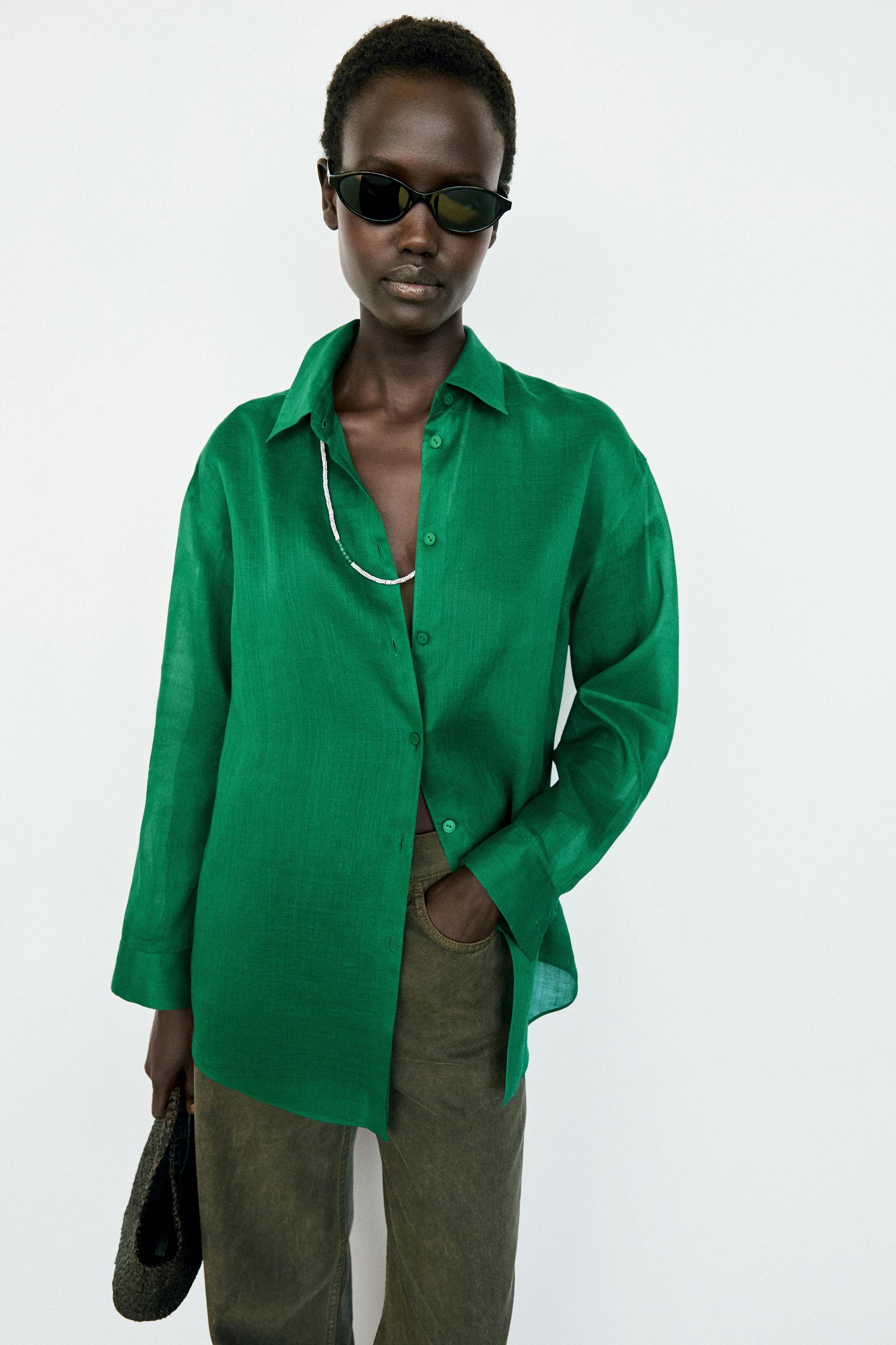 100% ramie flowing long shirt — GREEN