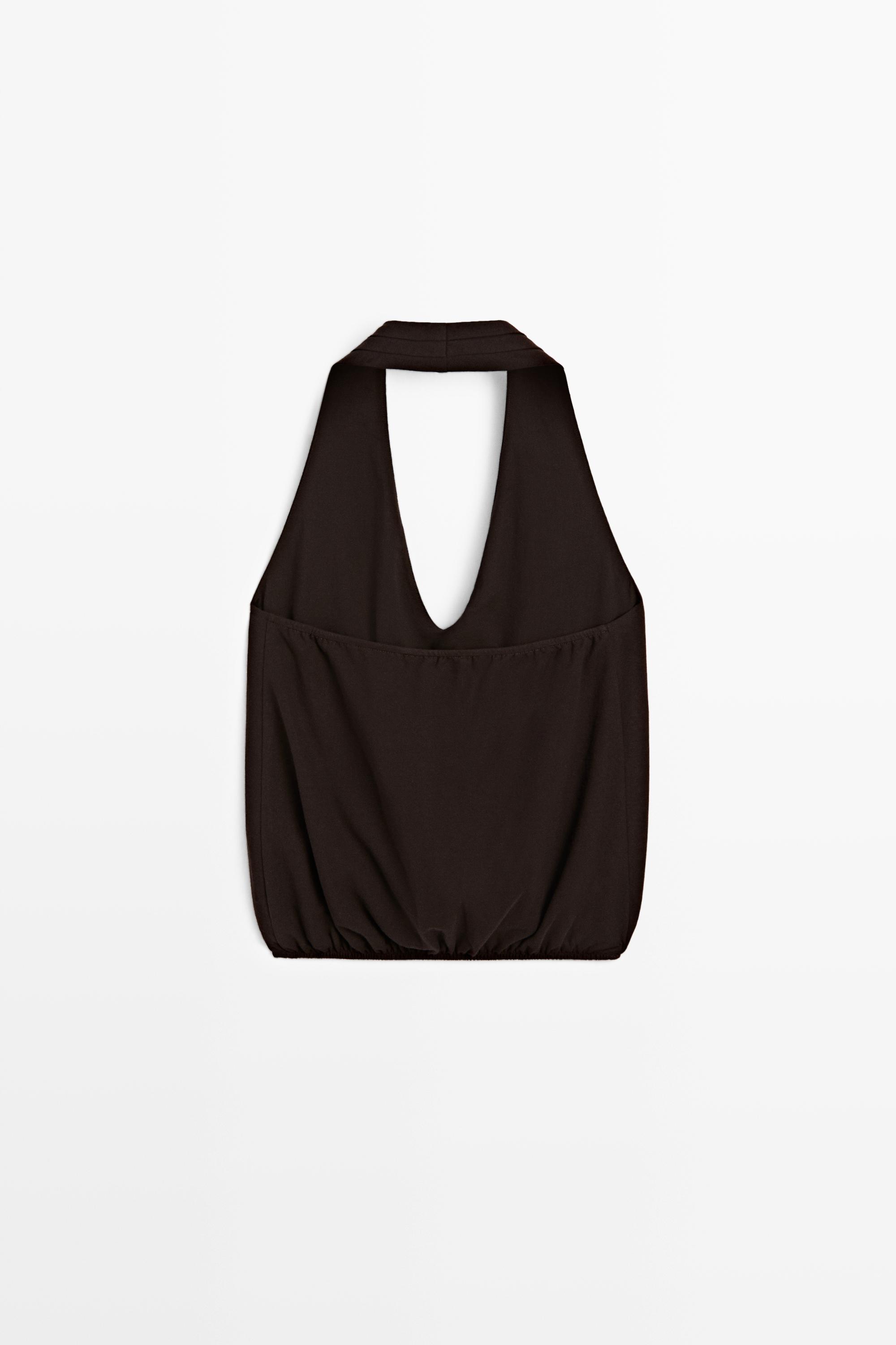 Cotton halter top with elasticated hem — BROWN