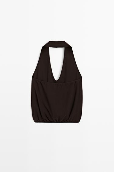 Cotton halter top with elasticated hem — BROWN 6