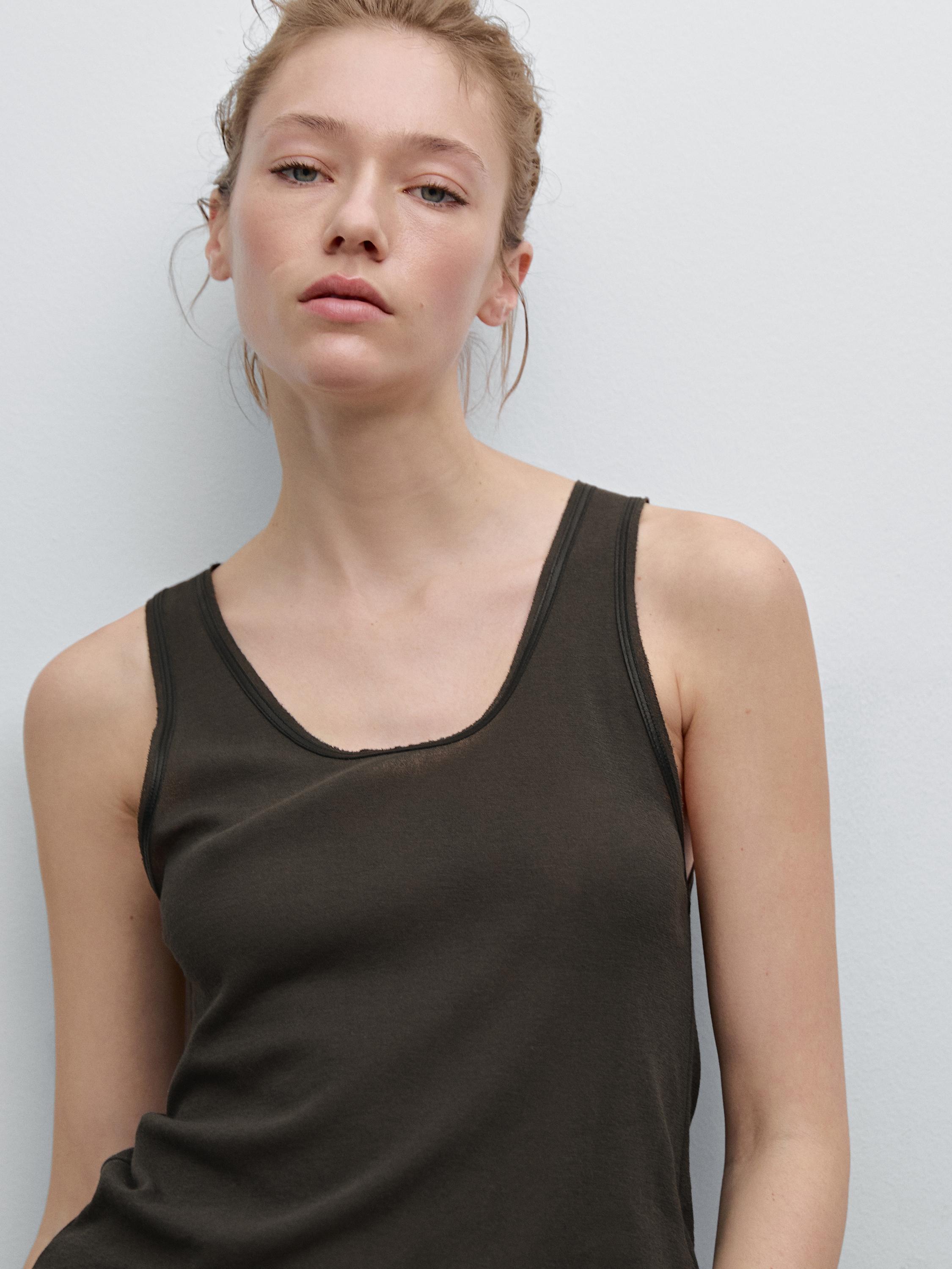 Contrast leather trimmed strappy top