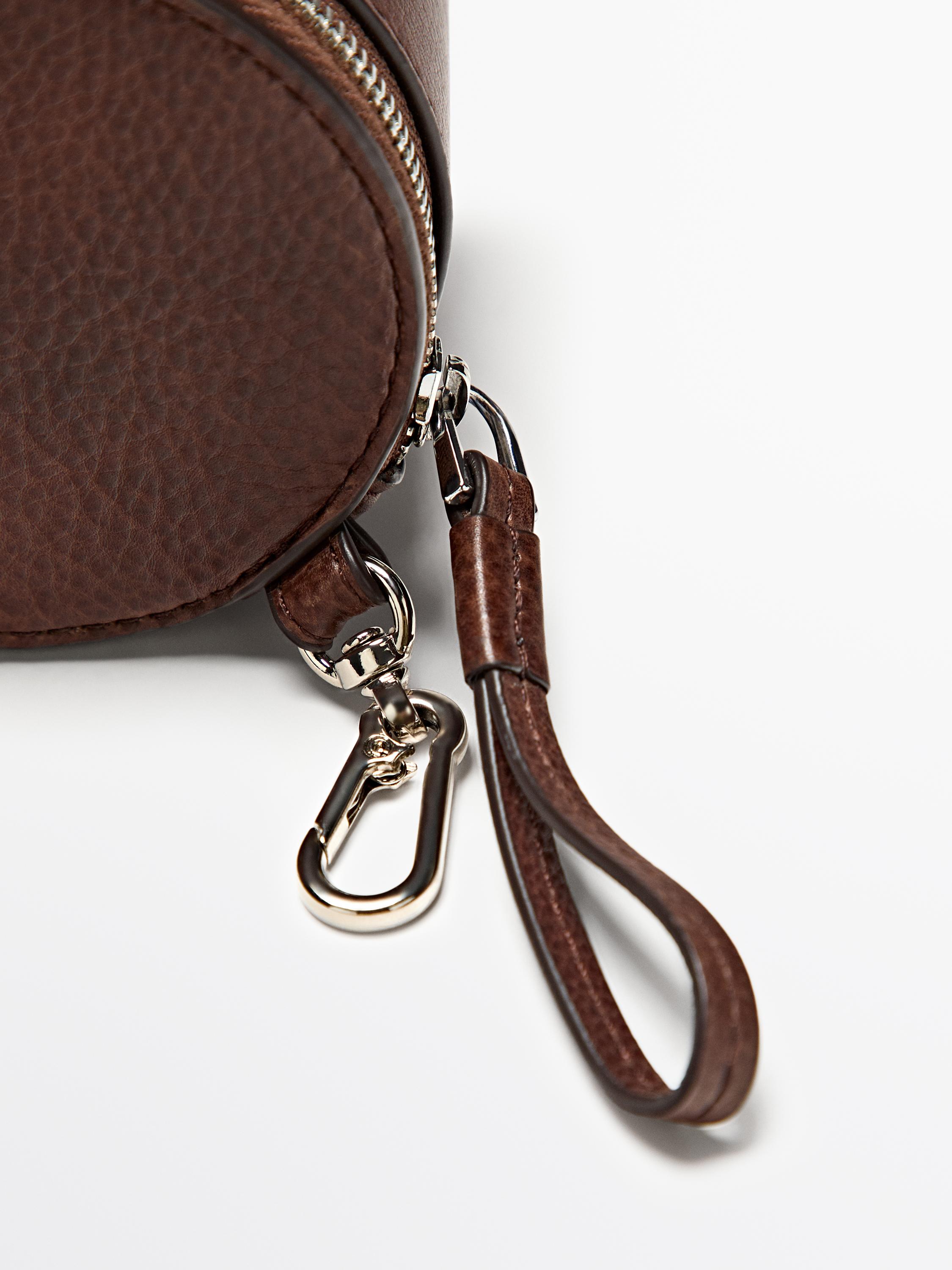 Round nappa leather bag with rhinestones — BROWN