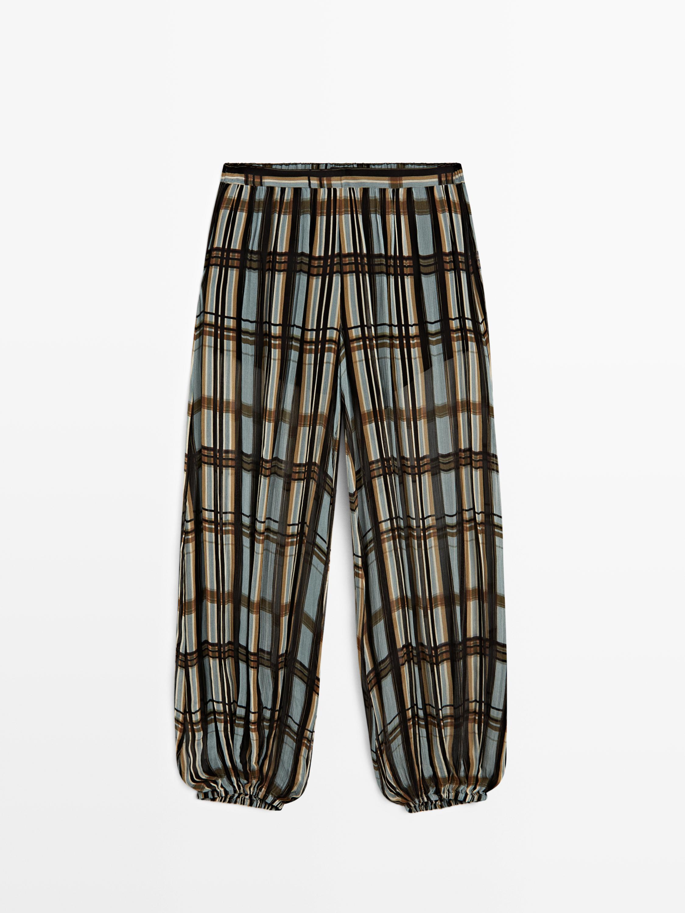 Flowing check printed sarouel trousers — Light Blue