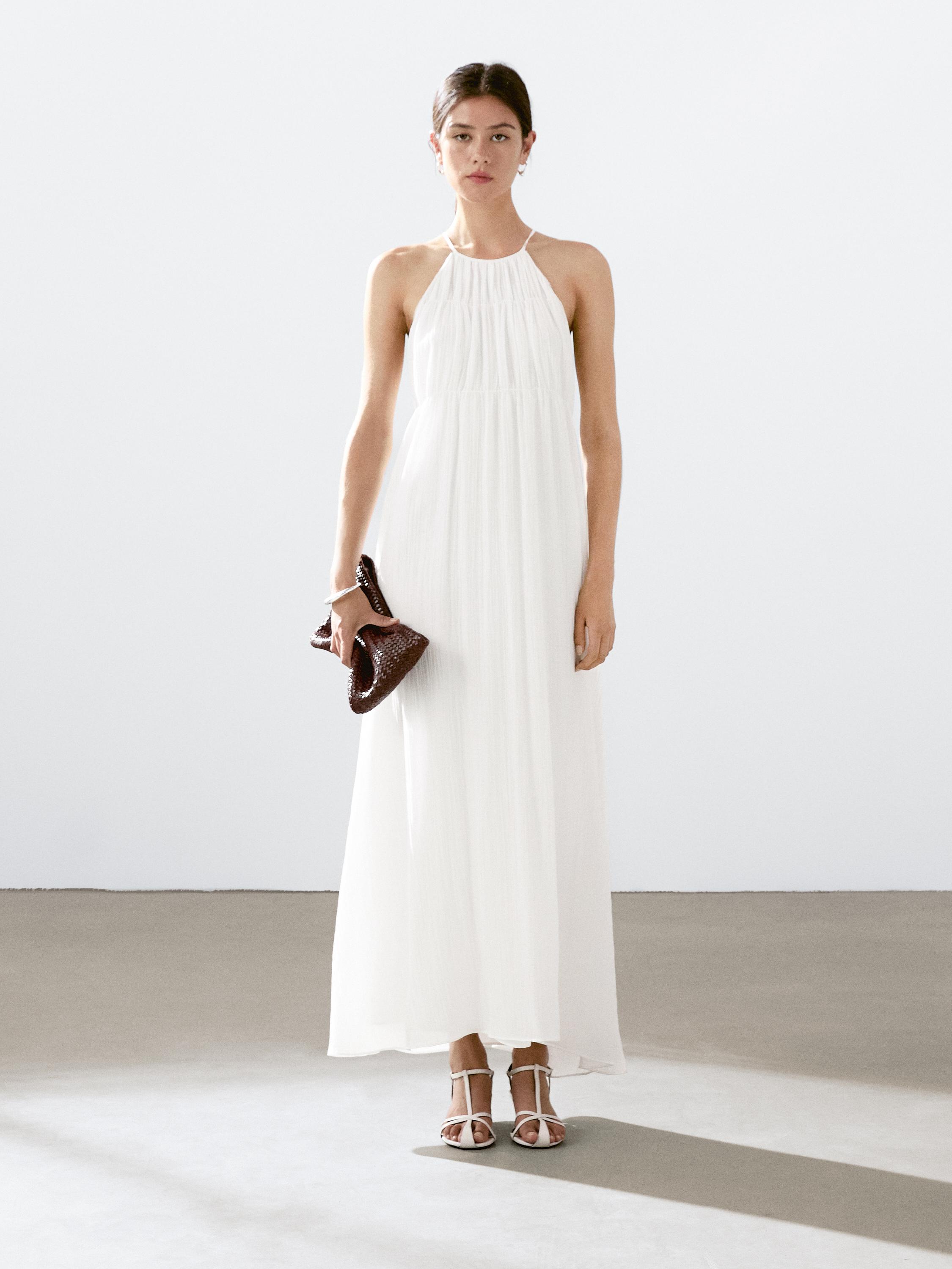 Long pleated dress with gathered detail