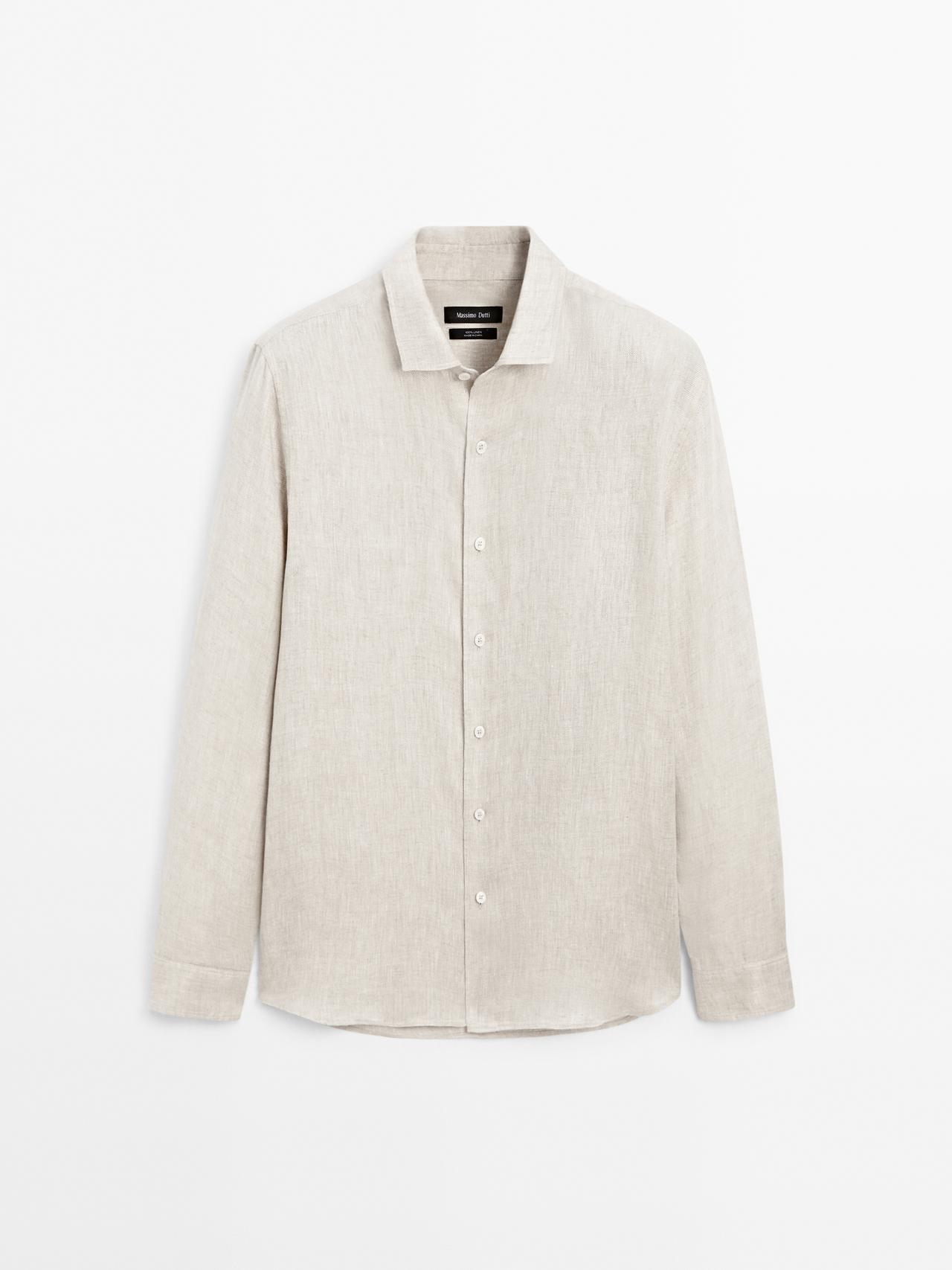 Massimo Dutti - Heren - Verwassen Linnen Overhemd Regular Fit - Lichtbeige - M