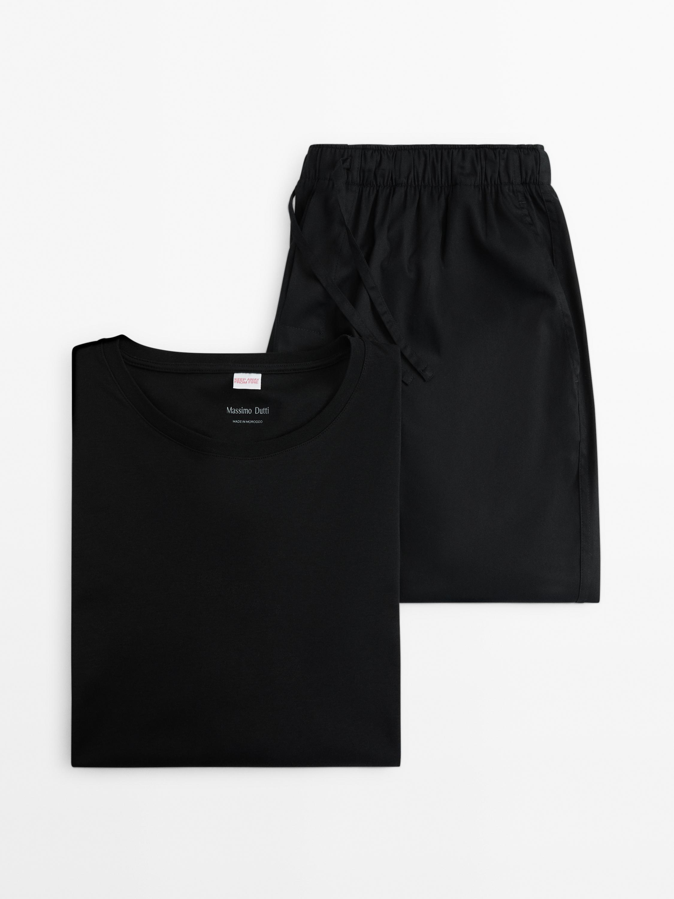 Satin pyjamas with long trousers and a short sleeve T shirt Black Homewear Massimo Dutti