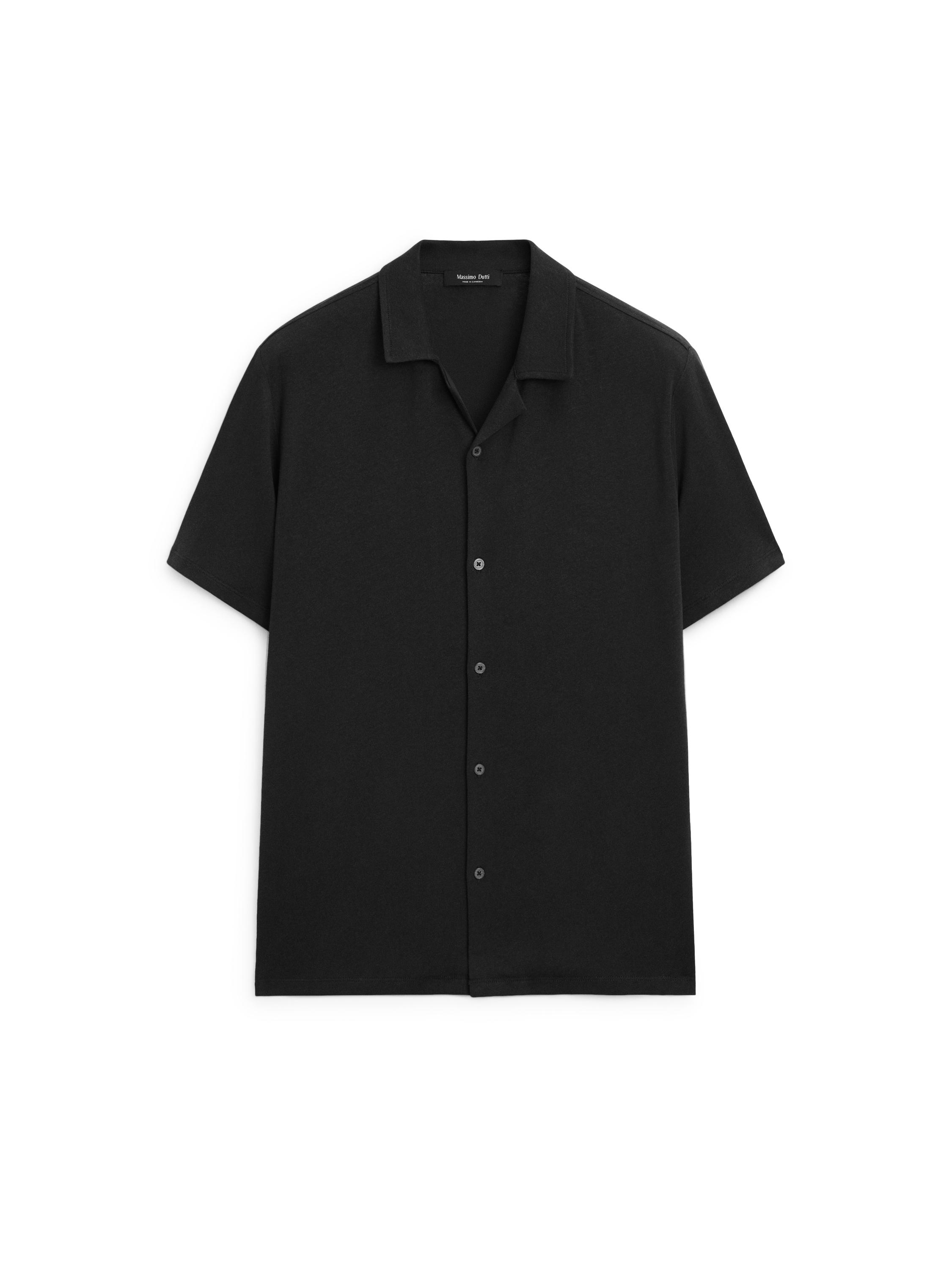 Regular fit short sleeve linen-cotton blend shirt — BLACK