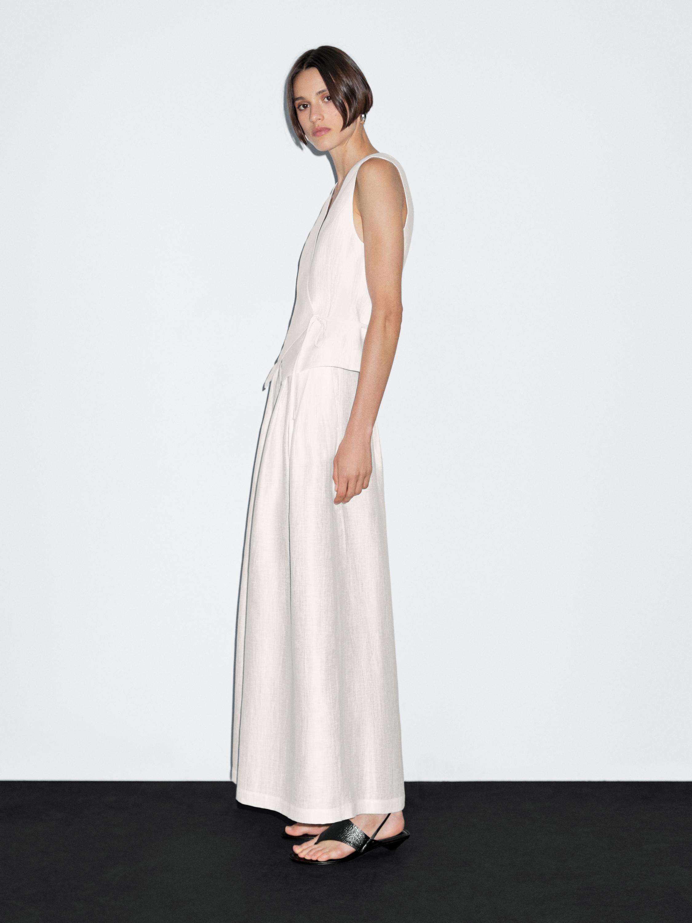 بنطلون واسع من الكتان المخلوط بساق عريضة