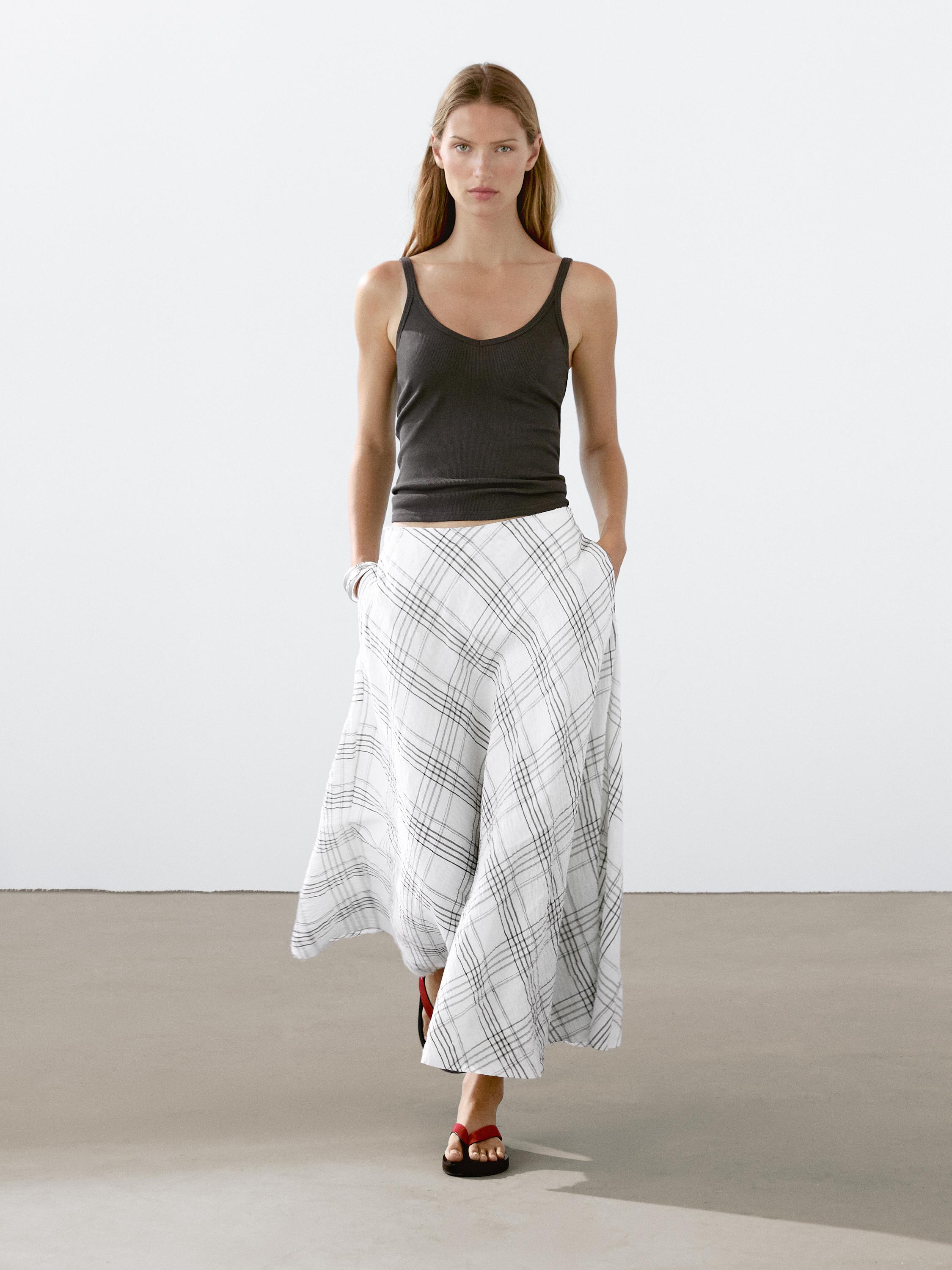Flowing check midi skirt