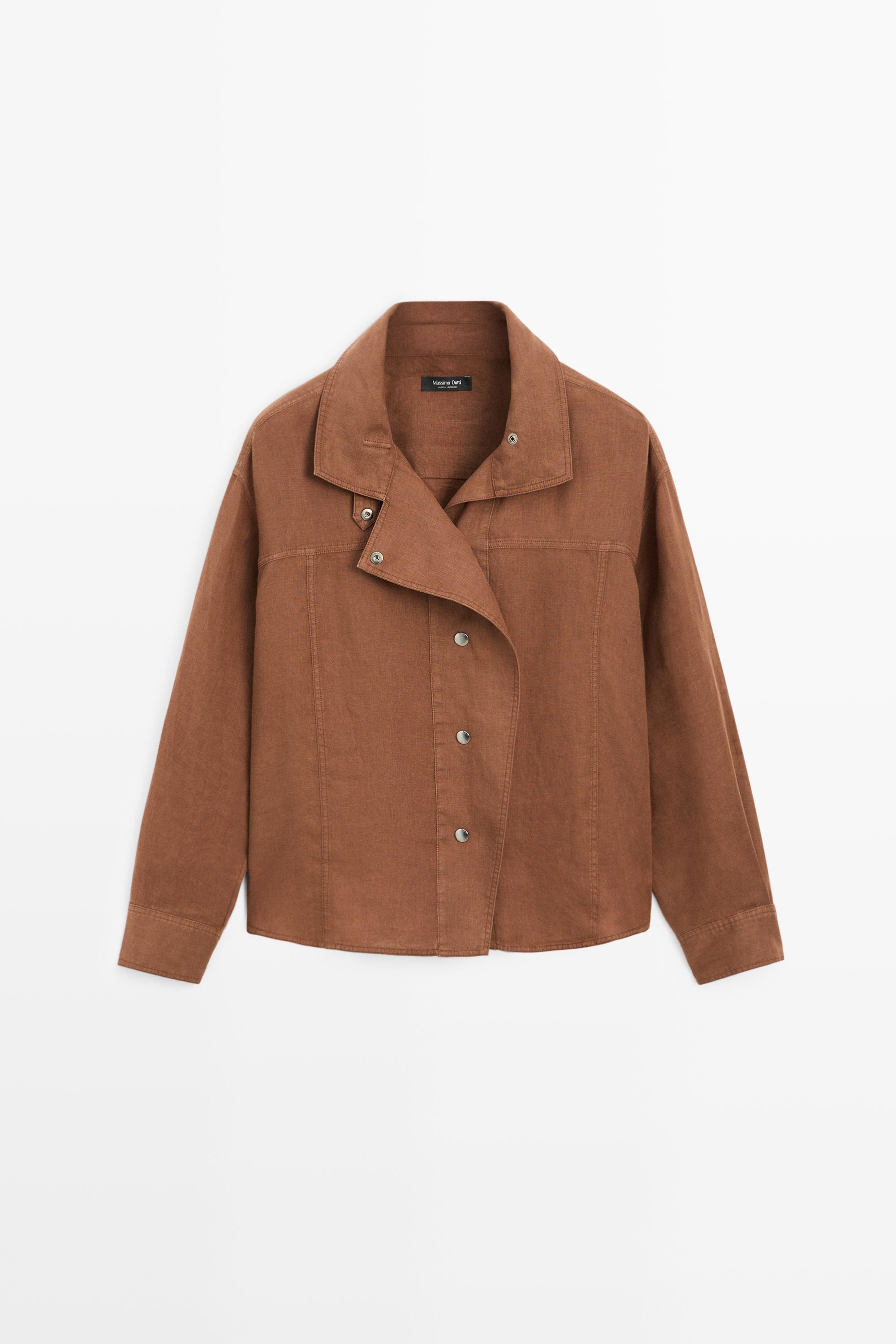 100% linen snap-button shirt — BROWN