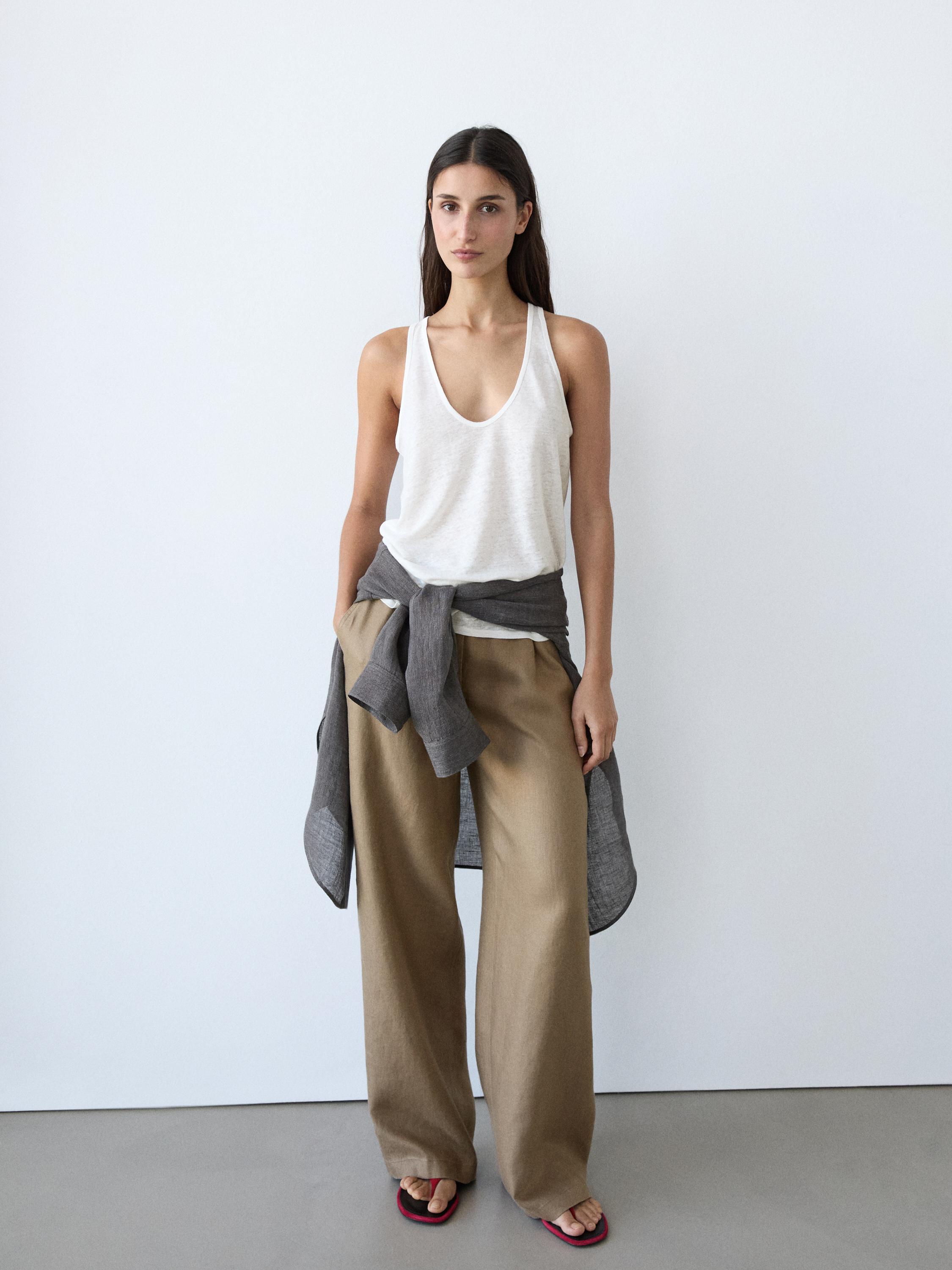 100% linen wide-leg elasticated trousers — PALE GREEN