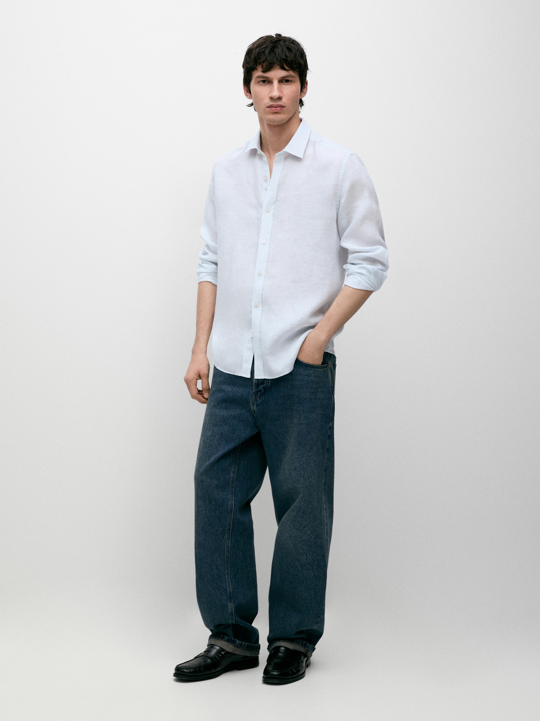 Striped slim fit linen shirt — Sky blue