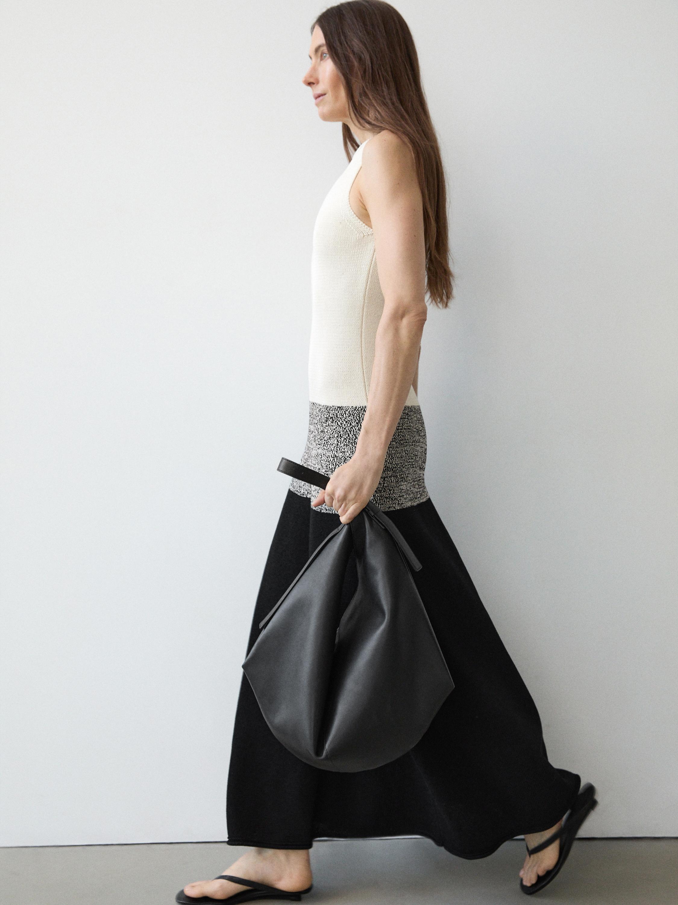 100% cotton contrast knit midi dress — BLACK