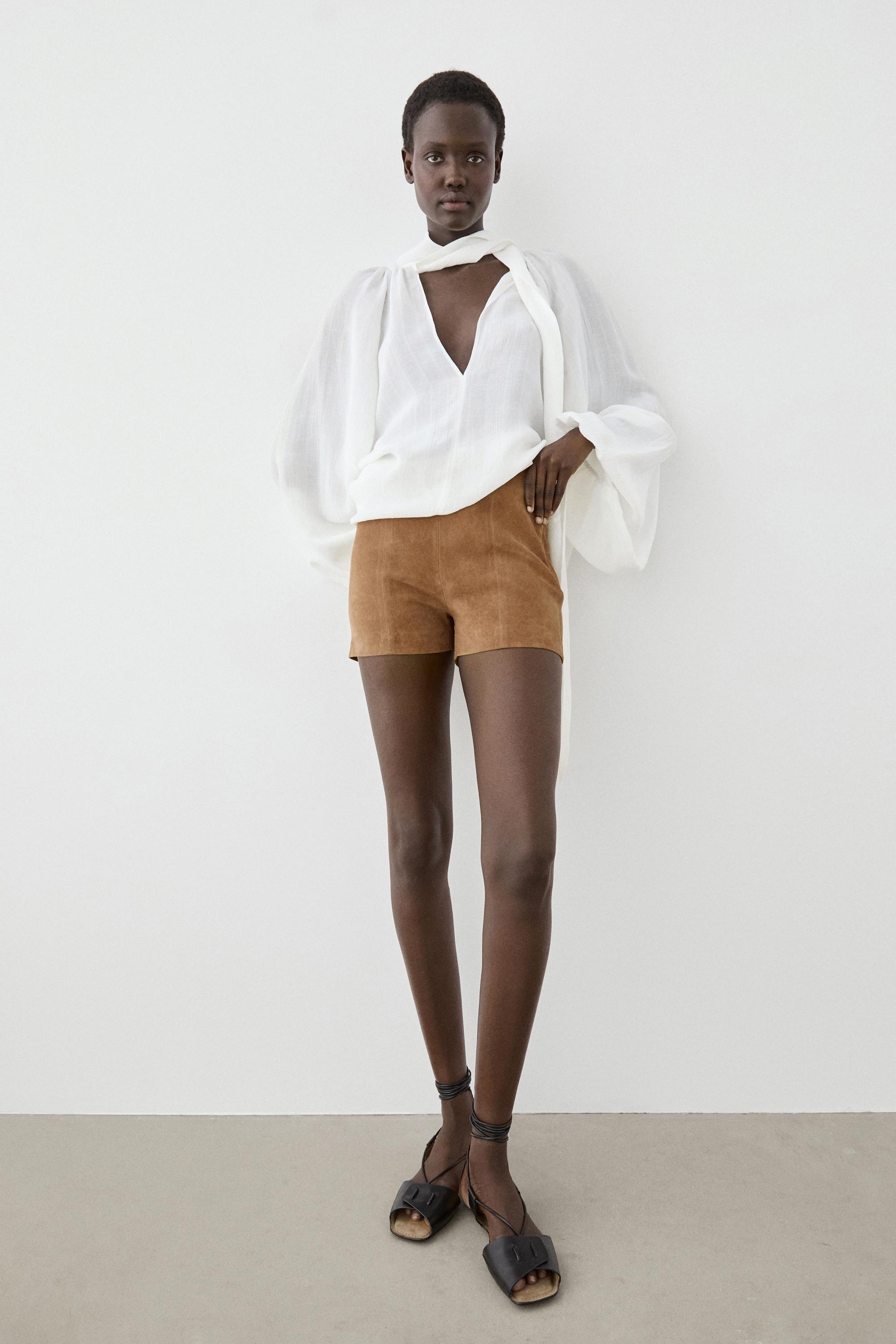 Suede leather shorts with seam details — CAMEL