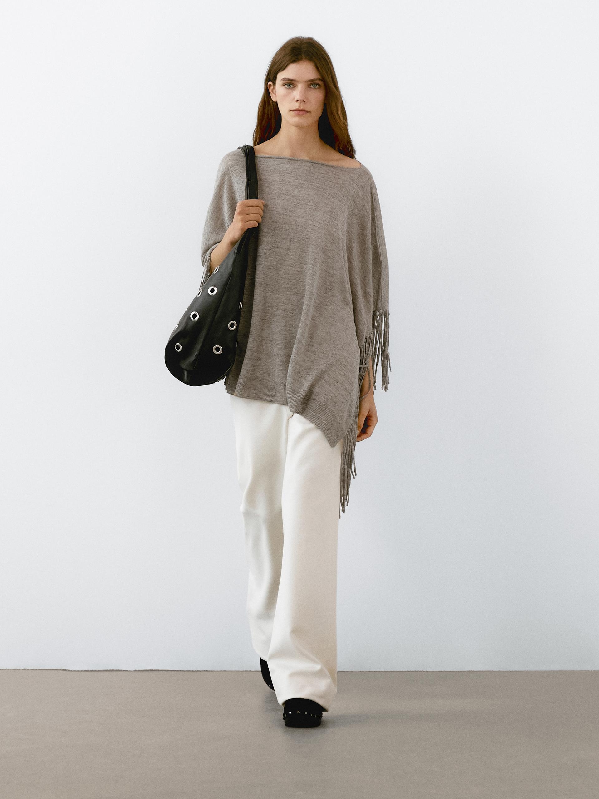 Cape À Franges Chinée 100 % Lin - Gris - S - Massimo Dutti - Femme