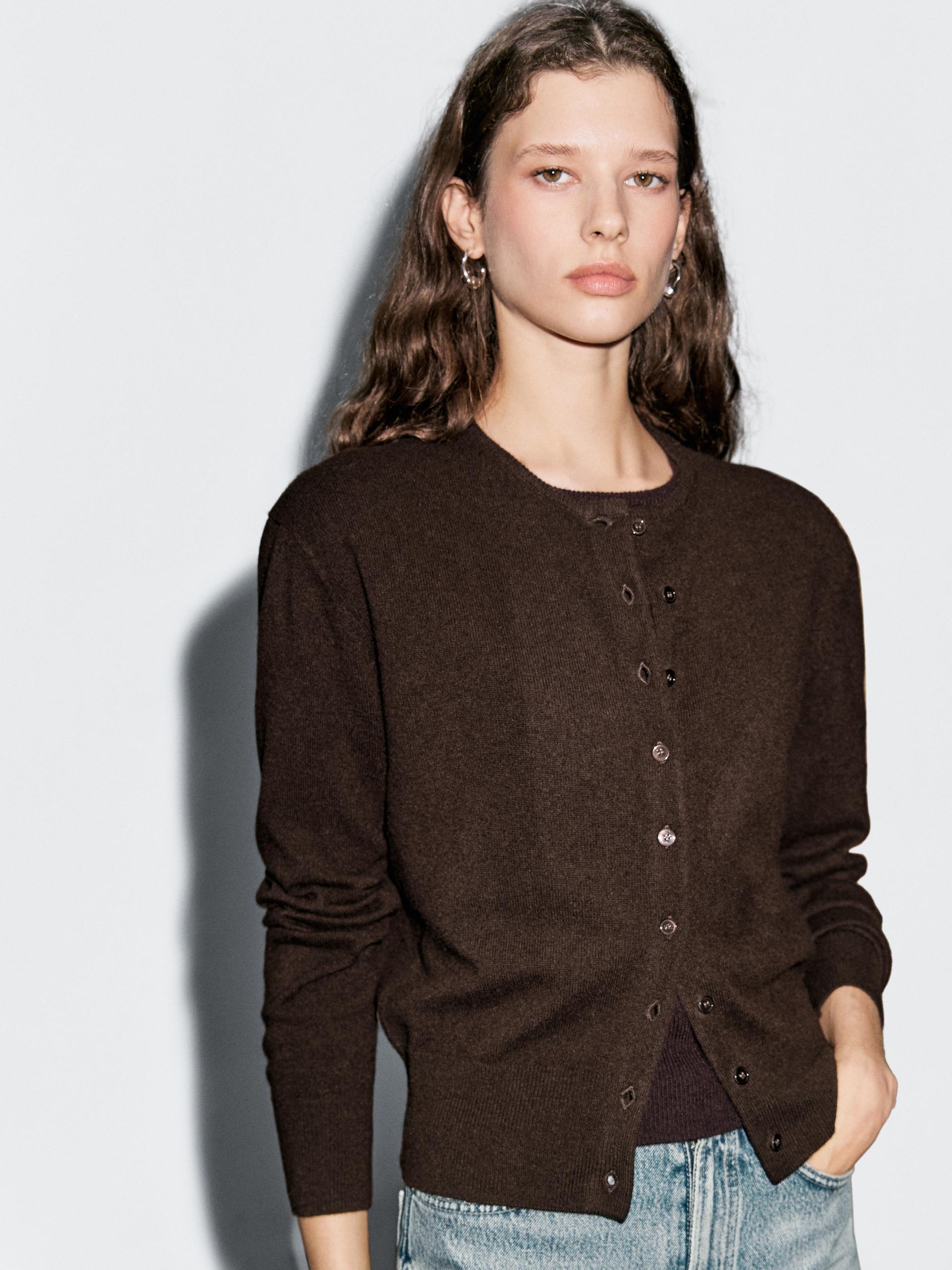 Cardigan En Laine Mélangée - Chocolat - Xs - Massimo Dutti - Femme