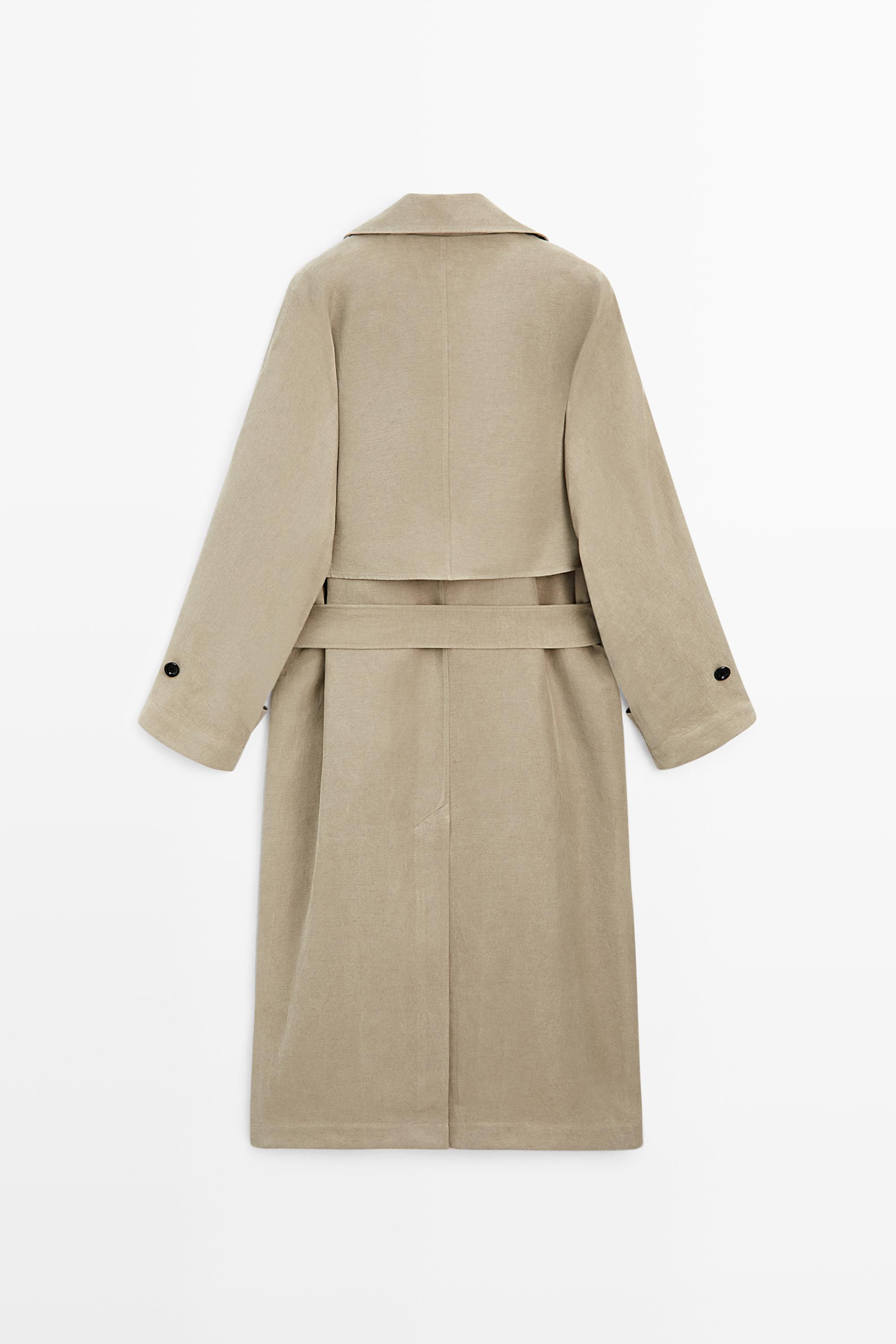 Linen blend trench coat with belt detail — SAND BROWN