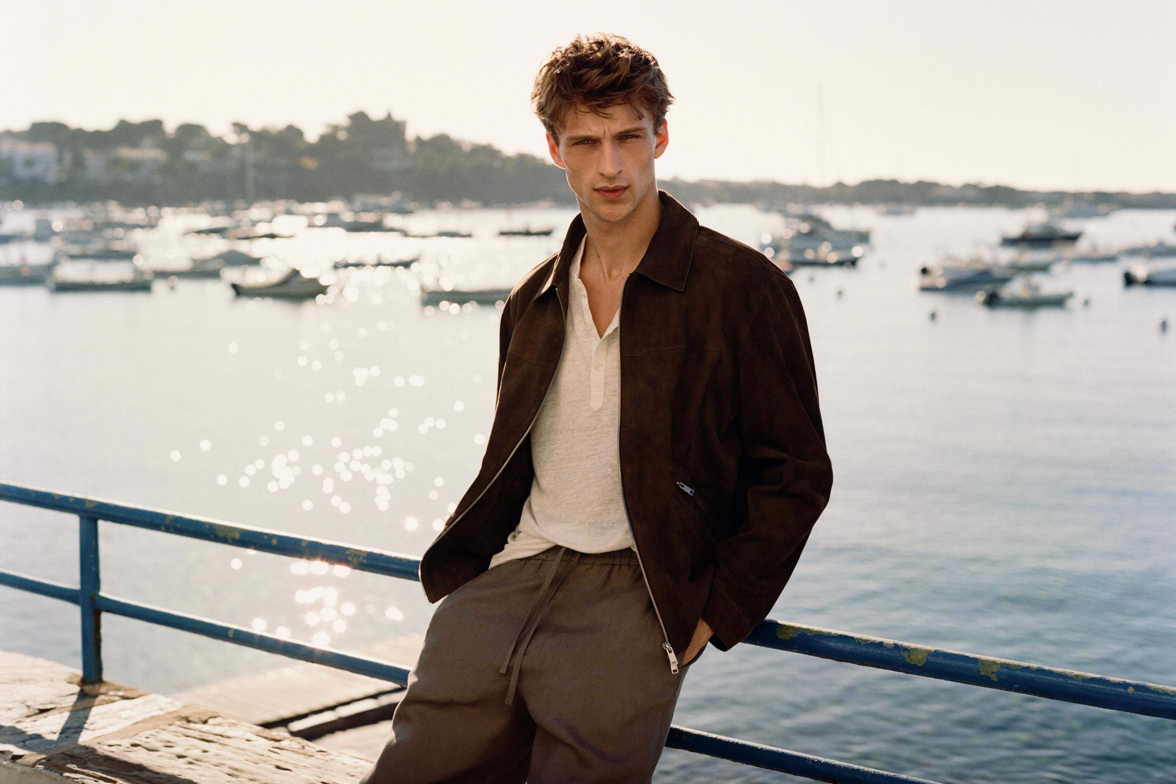 Suede leather zip-up jacket — BROWN MARL