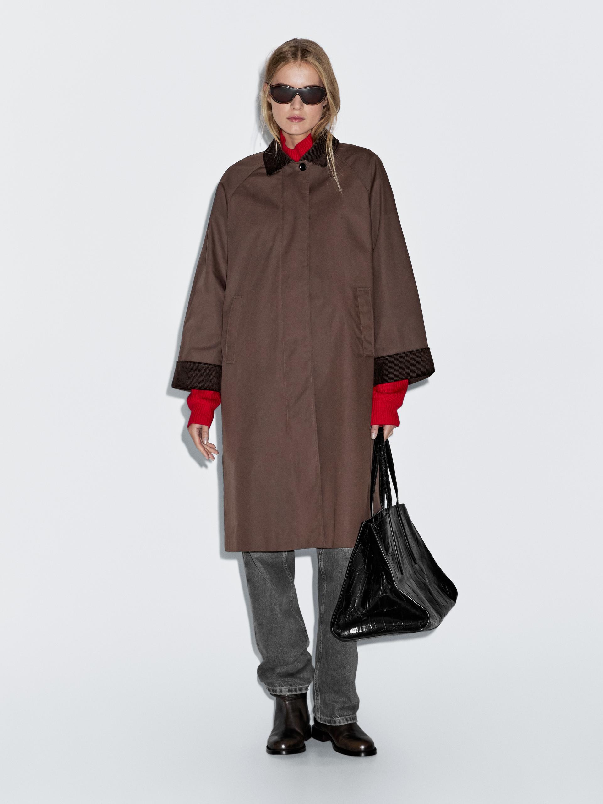 Długa Woskowana Parka Ze Sztruksowym Zdobieniem - Brązowy - L - Massimo Dutti - Kobieta