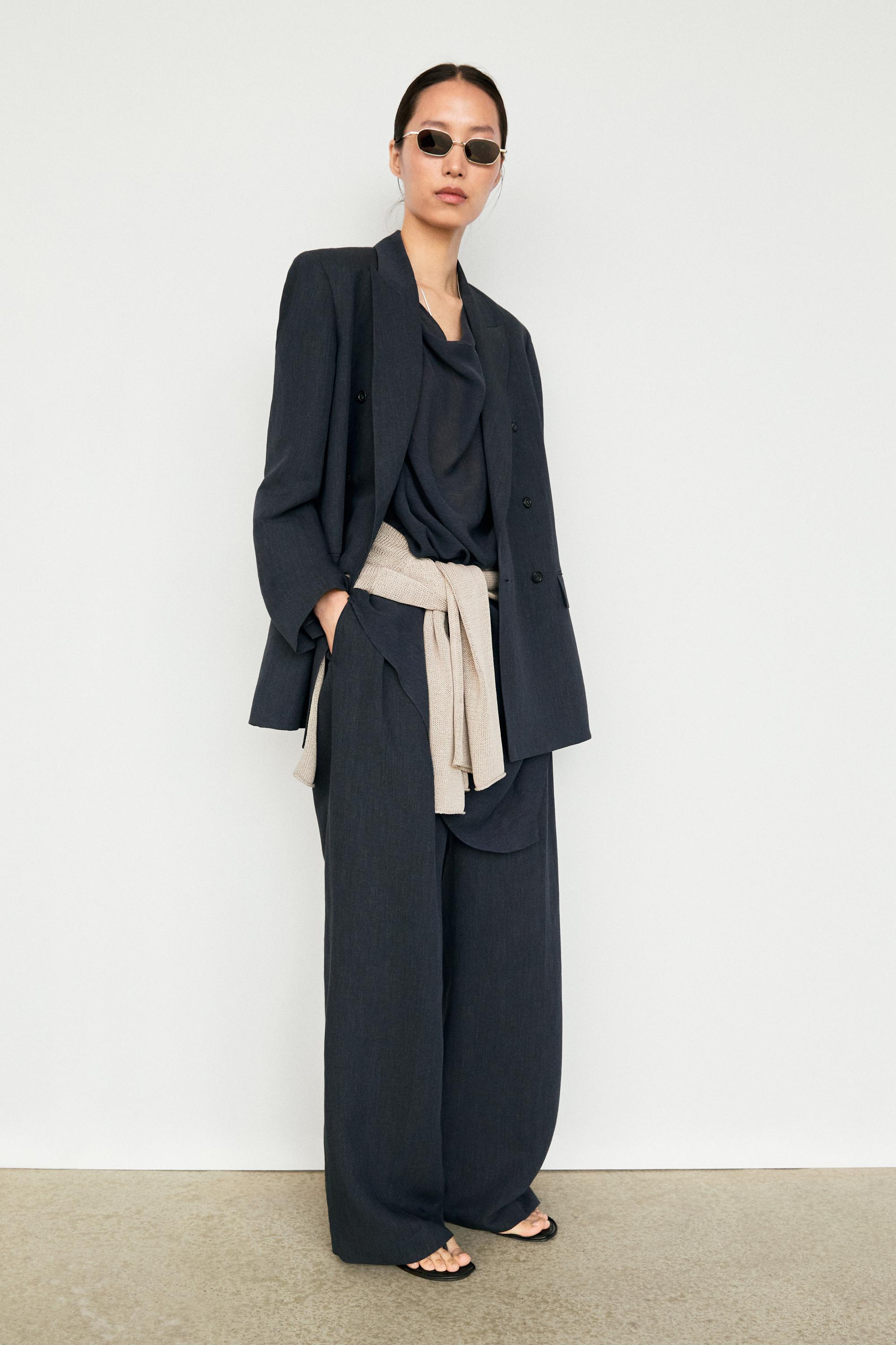 Melange linen blend double-breasted blazer — NAVY BLUE