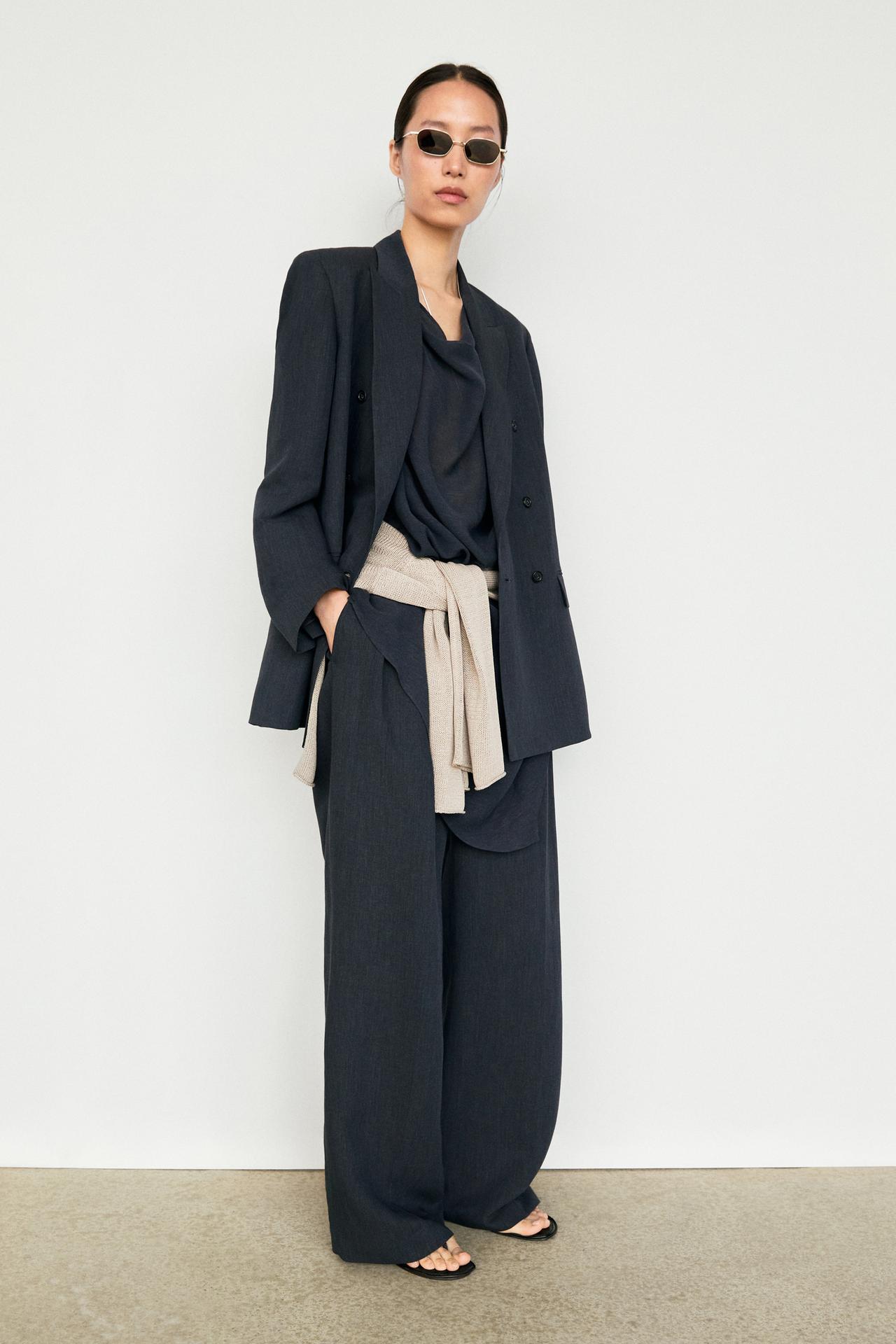 Double-breasted melange linen blazer — NAVY BLUE