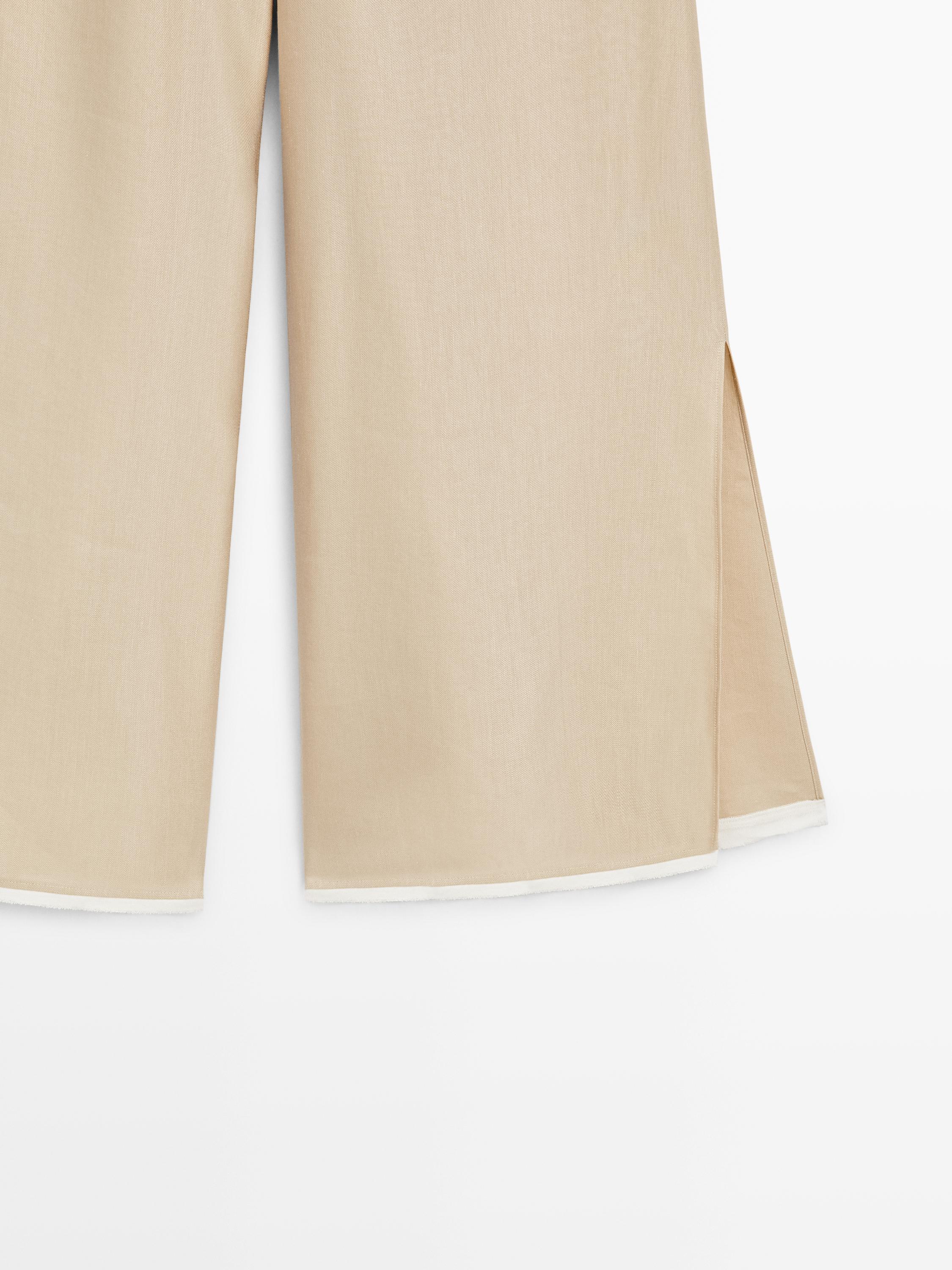 Contrast linen blend straight-leg trousers — BEIGE
