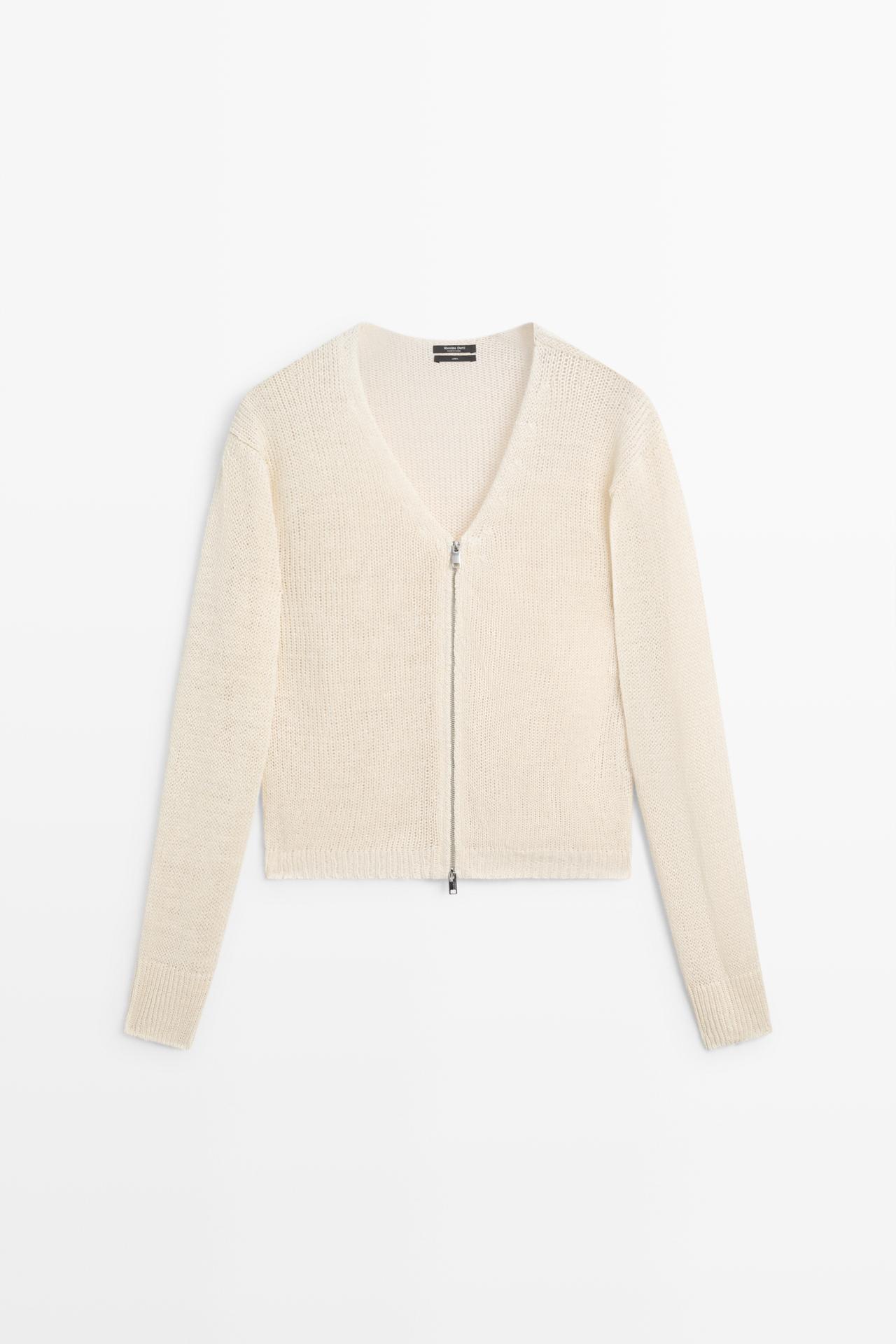 100% linen knit zip-up cardigan — Off white