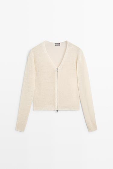 100% linen knit zip-up cardigan — Off white 2