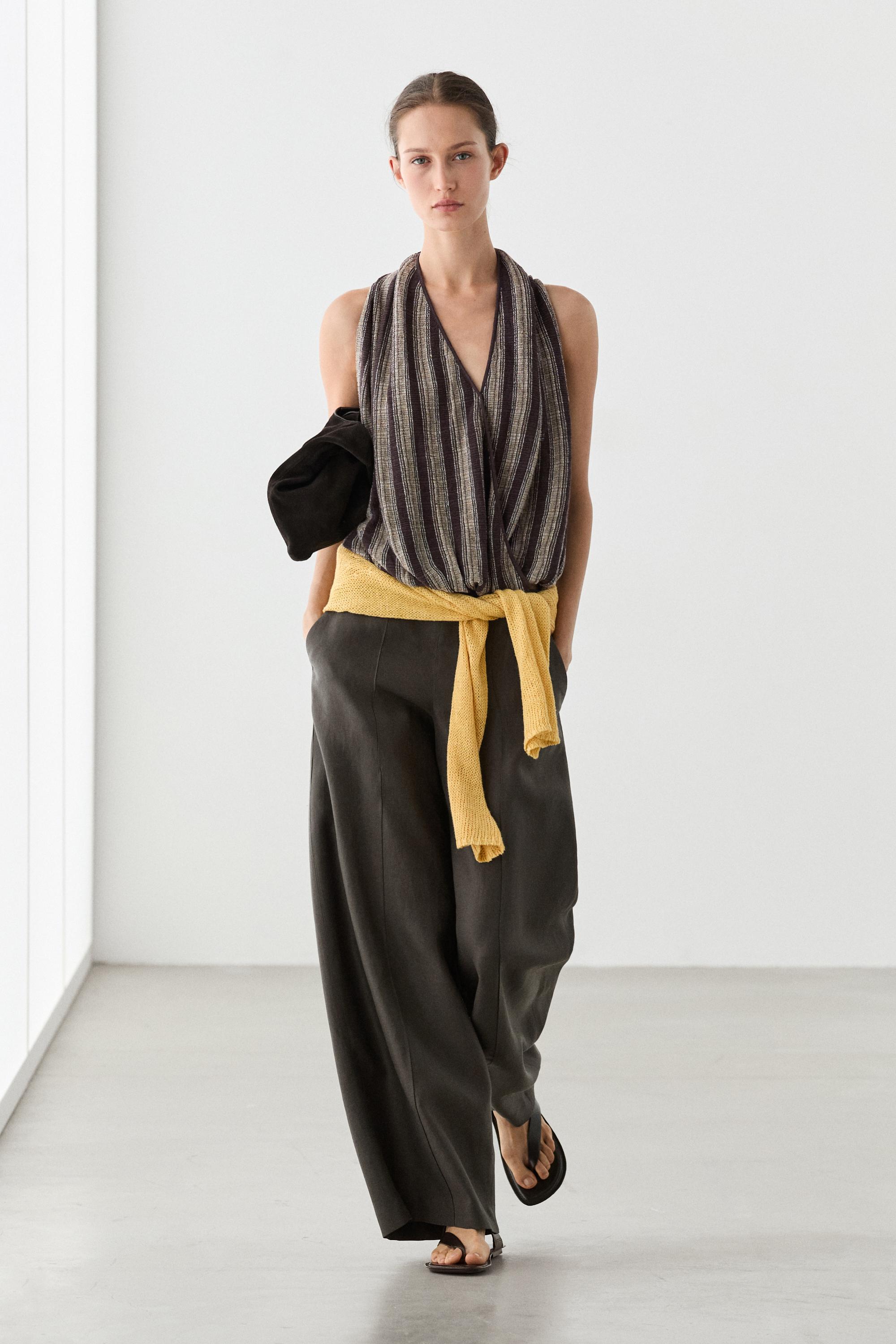 Surplice top with striped detail — BROWN