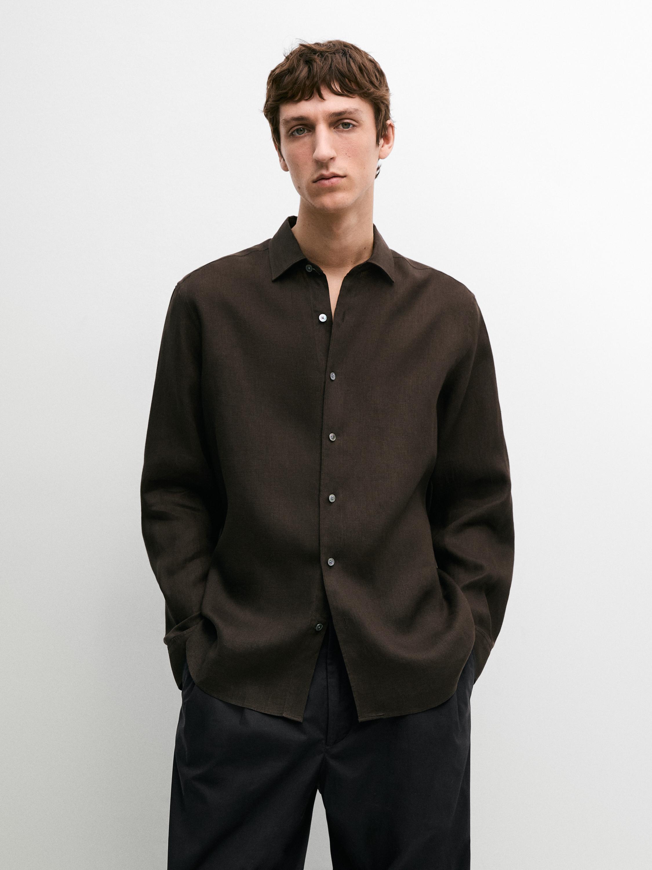 Extra fine regular fit linen shirt — BROWN