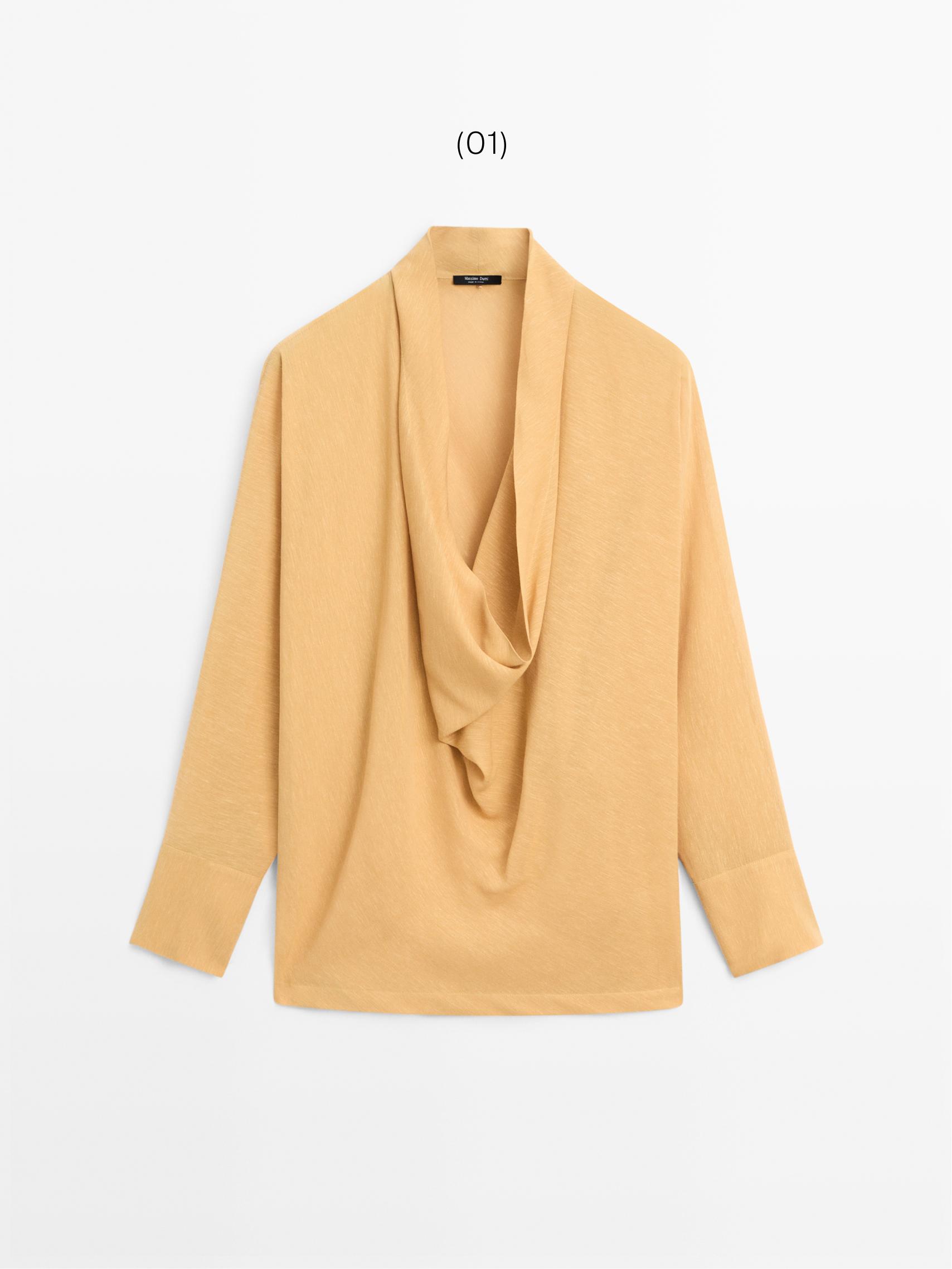 Flowing blouse with draped neckline — MUSTARD YELLOW