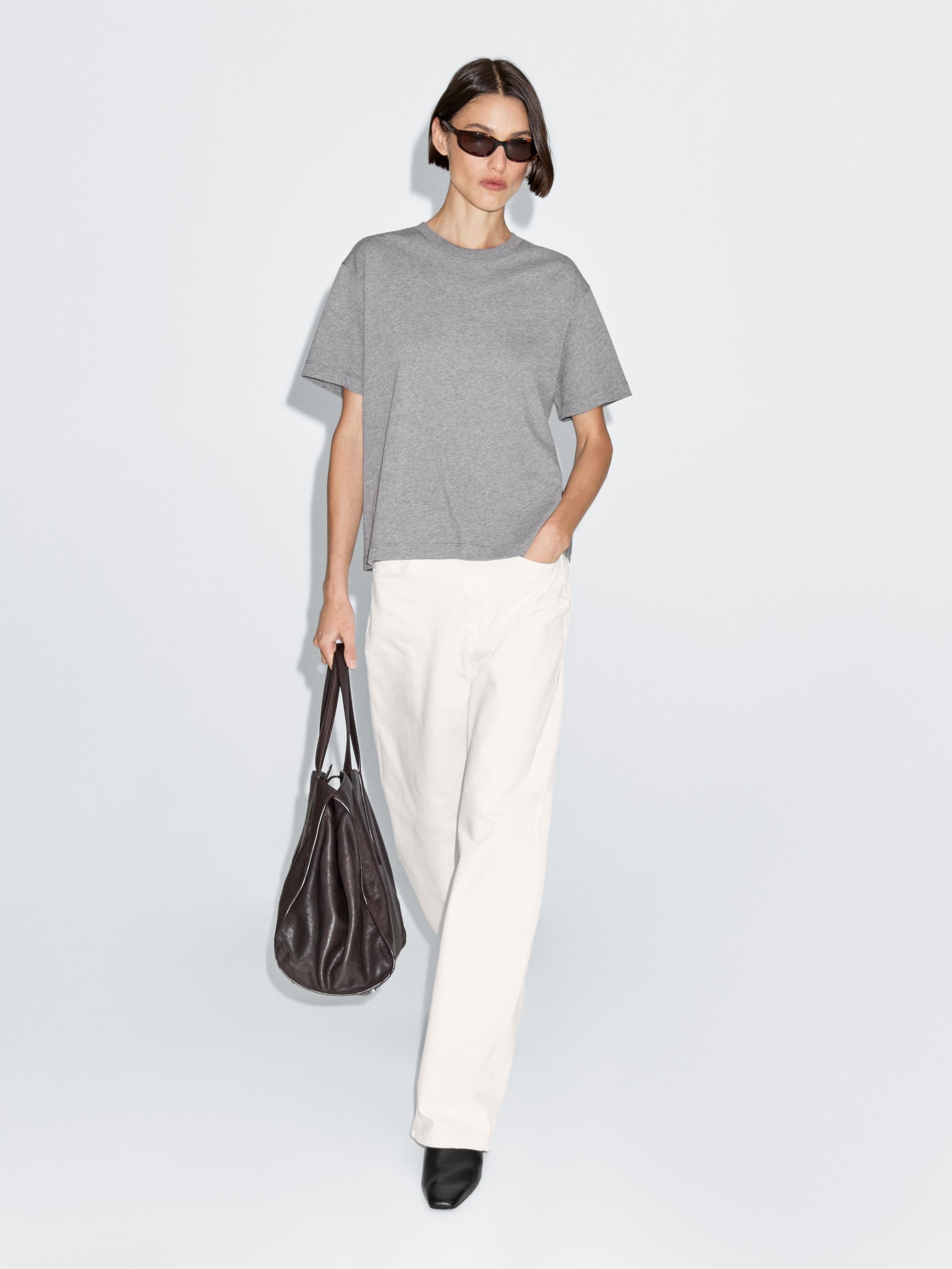 T-Shirt À Manches Courtes 100 % Coton - Gris - Xs - Massimo Dutti - Femme