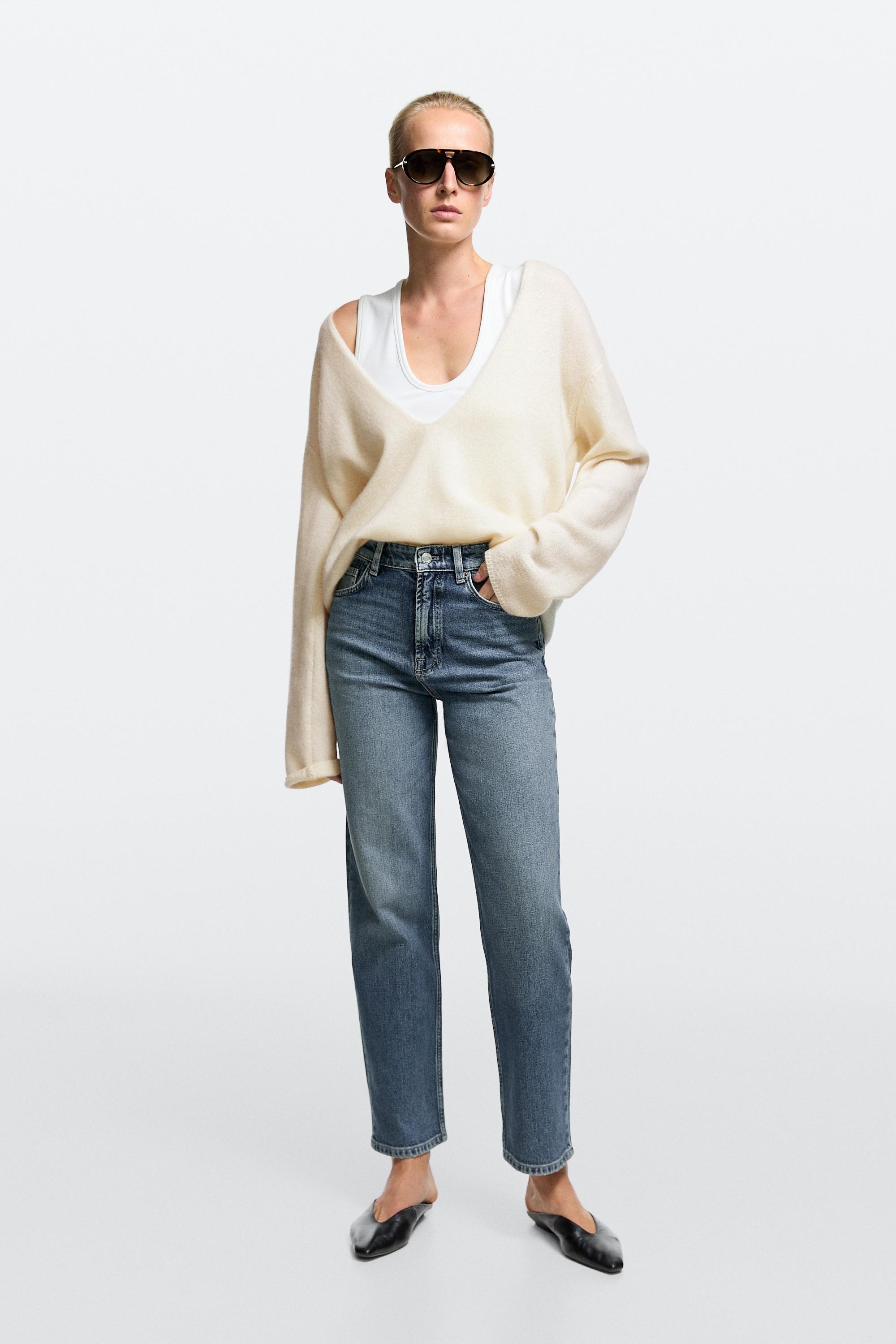 Jeans straight fit cropped tiro alto